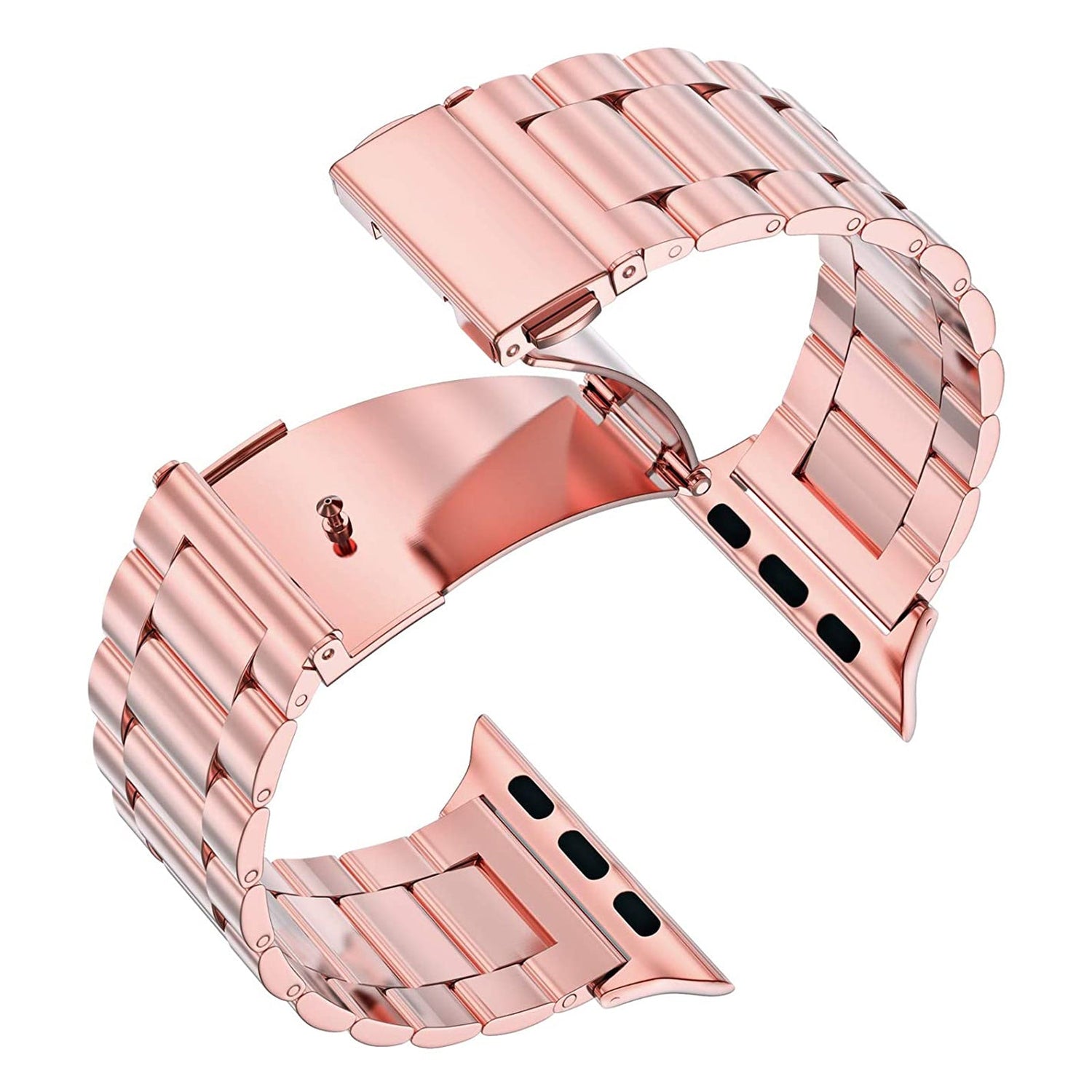 Das Arktisband Apple Watch Gliederarmband „Arctica“ in Roségold verfügt über ein Edelstahlband mit Faltschließe, das geöffnet dargestellt ist, um die Verbindungsglieder und Befestigungspunkte für die Apple Watch freizugeben.
