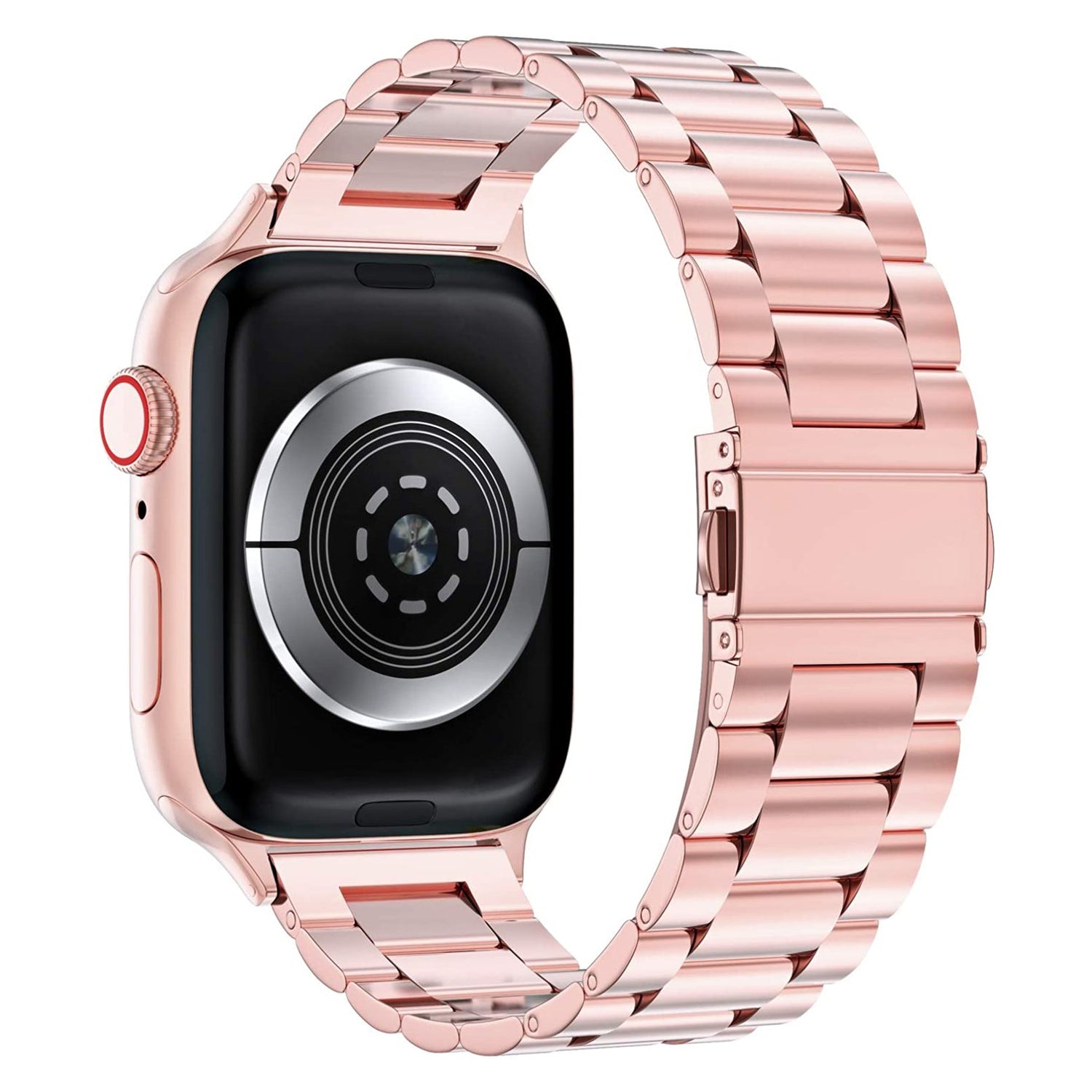 Das Arktisband Apple Watch Gliederarmband „Arctica“ wird aus einer schrägen Seitenansicht gezeigt, wobei der schwarze Sensor auf der Rückseite und das metallisch roségoldene Edelstahlarmband mit Bandverschluss hervorgehoben werden.