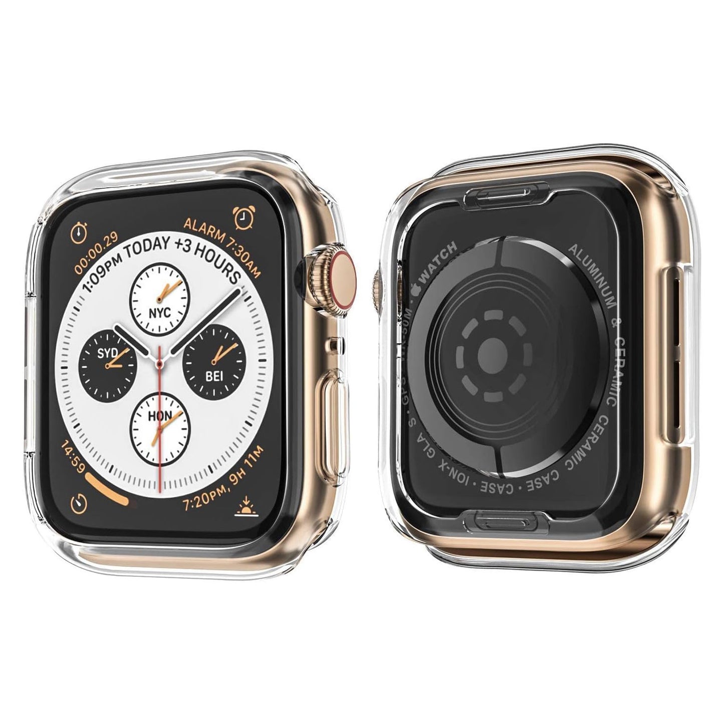 Zwei Ansichten des arktis CRYZTAL BUMPER für Apple Watch von arktis: eine Smartwatch mit Goldrahmen und ultradünnem, transparentem TPU-Bumper, der auf der Vorderseite Zifferblätter für mehrere Zeitzonen und auf der Rückseite Sensoren sowie Gravuren zeigt – perfekter Schutz.