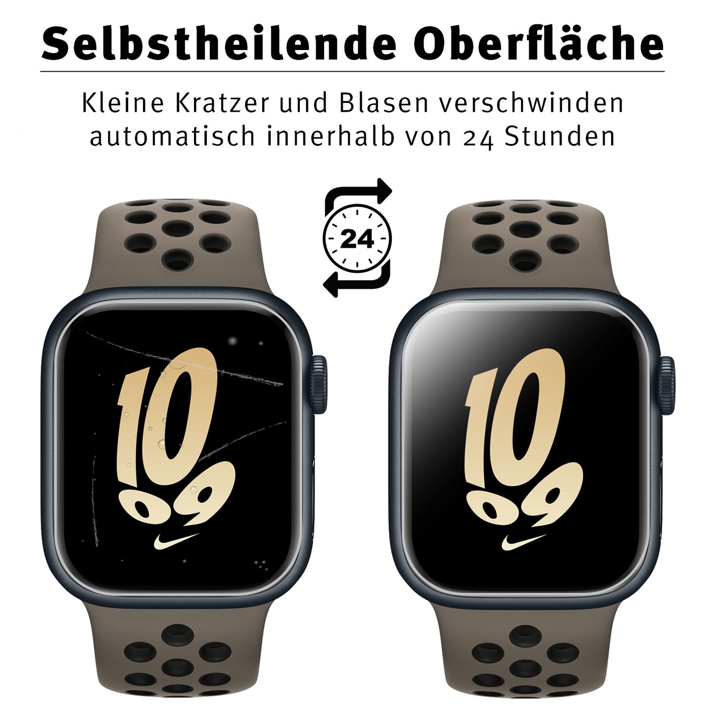 Abgebildet sind zwei Arktis SCND.SKIN Apple Watch Full Cover Schutzfolie Smartwatches mit braunen Armbändern. Das linke Display ist verkratzt, das rechte klar. Der deutsche Text hebt die selbstheilende Oberfläche hervor, die kleine Kratzer innerhalb von 24 Stunden repariert.