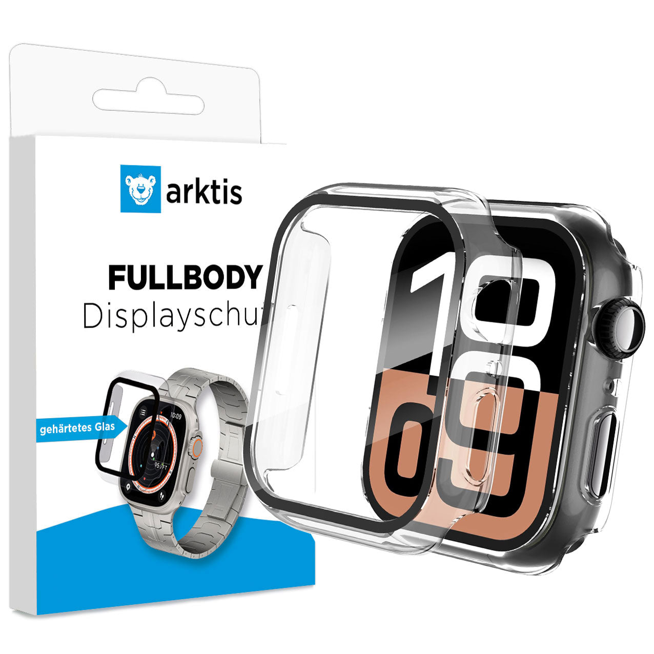 Eine Apple Watch mit einer teilweise abgedeckten Arktis FULLBODY-Hülle mit Displayschutz wird neben einer Markenverpackung mit einem Uhrenbild, einem blauen Bärenlogo und hervorgehobener oleophober Oberflächenbehandlung gezeigt.