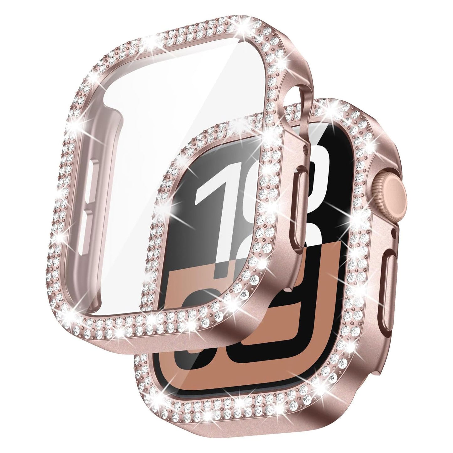 Die arktisband GLAMOUR Glitzerhülle für Apple Watch in Rosegold, mit gehärtetem Schutzglas und funkelnden Strasssteinchen, wird aus zwei Perspektiven gezeigt: einmal auf der Apple Watch und einmal mit glitzerndem Rand.