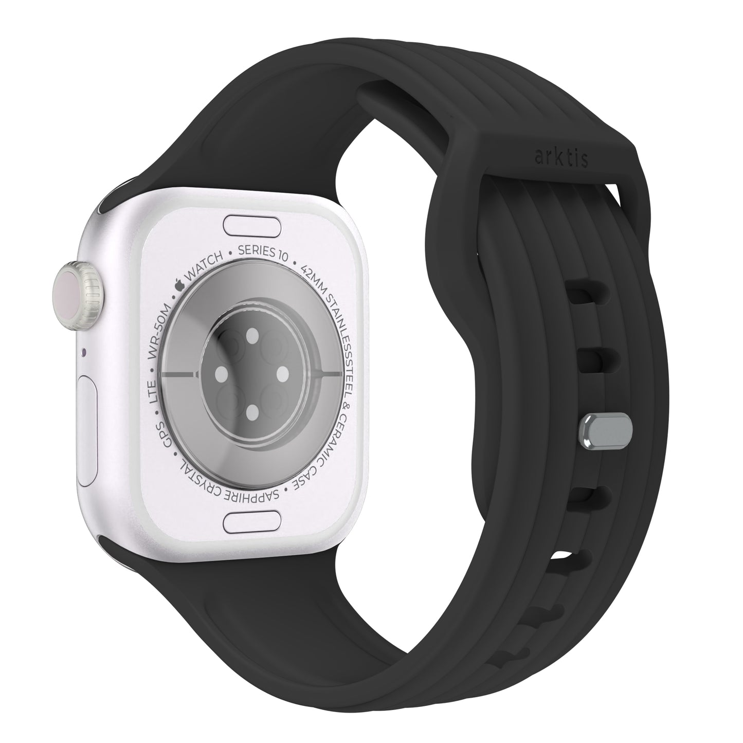 Das arktisband Apple Watch Armband "Skandi" besteht aus einer silbernen Smartwatch mit einem schwarzen Fluorelastomer-Band, das den Rückensensor und die Bandschnalle hervorhebt - ein elegantes, von Skandi inspiriertes Design von arktisband.