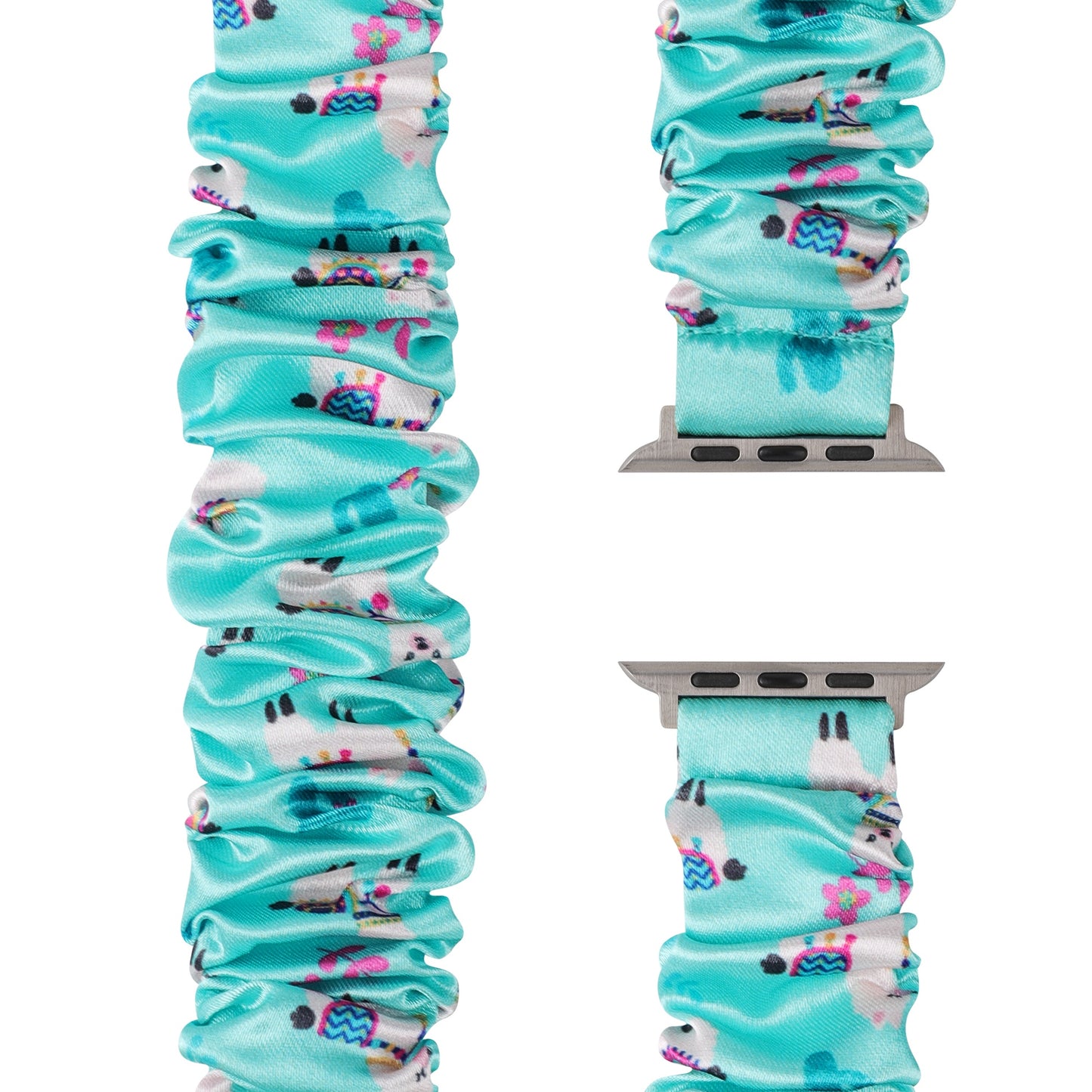 Das arktisband Apple Watch Scrunchie Armband "Elanora" von arktisband präsentiert sich in Türkis mit witzigem Lama- und Blumenmuster, gezeigt aus drei Blickwinkeln.