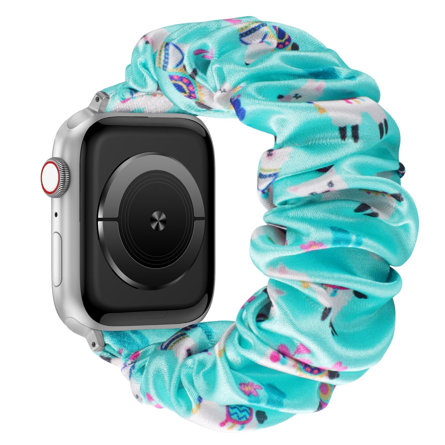 Das arktisband Apple Watch Scrunchie Armband "Elanora" hat ein türkisfarbenes, elastisches Band mit verspielten Einhornmotiven für einen lustigen und bequemen Sitz.
