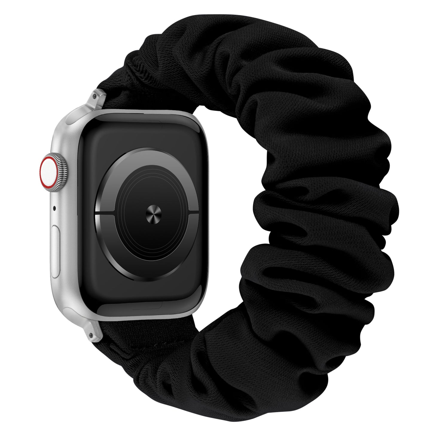 Silberne Smartwatch mit schwarzem Arktisband Apple Watch Scrunchie Armband "Elanora" aus Nylon, abgebildet auf weißem Hintergrund.