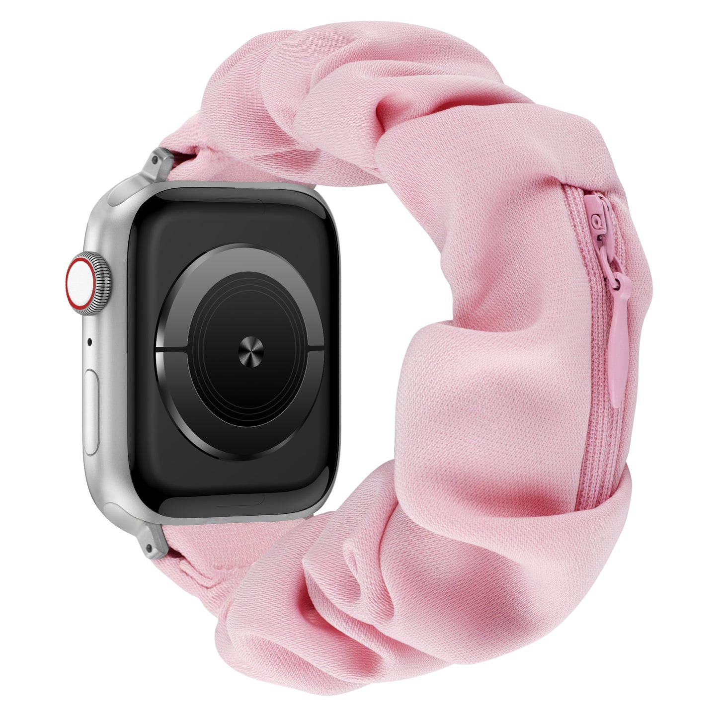 Das arktisband Apple Watch Scrunchie Armband "Elanora" ist ein rosafarbenes, elastisches Band mit einer kleinen Reißverschlusstasche, perfekt, um wichtige Dinge griffbereit zu haben.