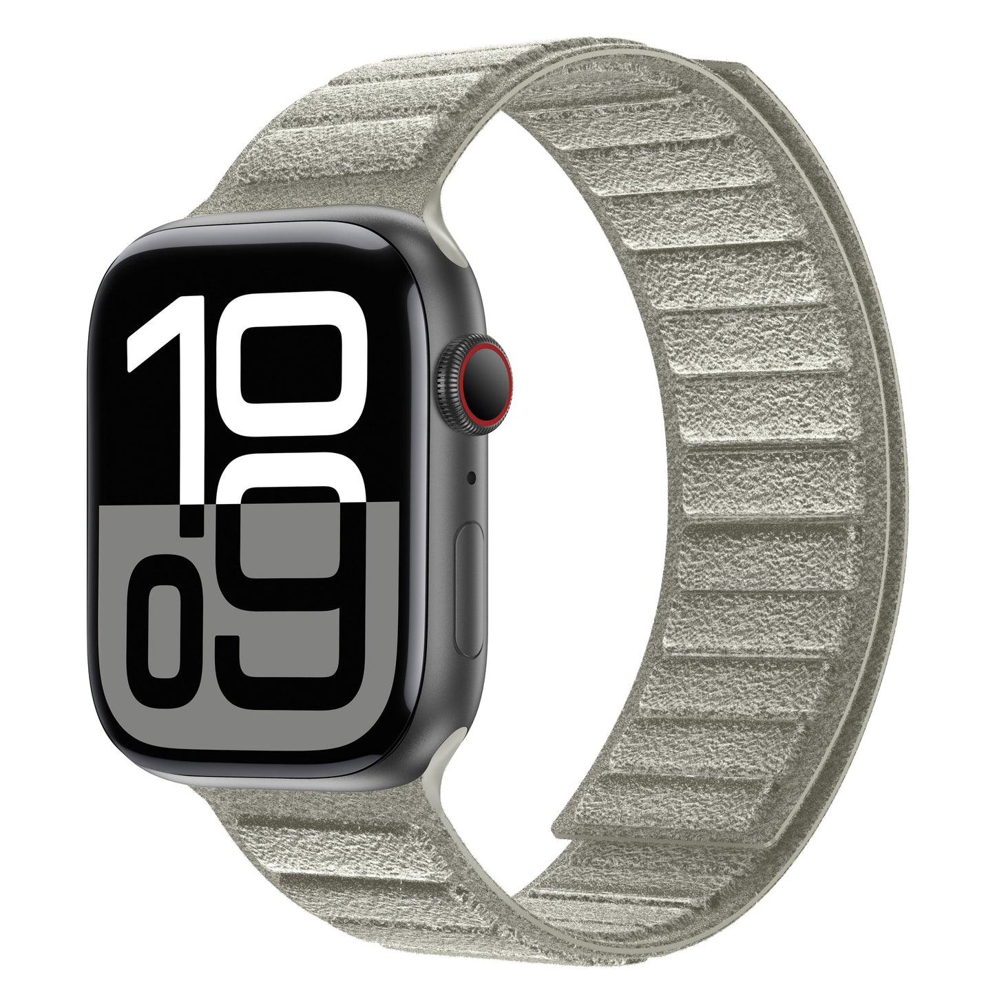 Das arktisband Apple Watch magnetisches Armband aus Alcantara zeichnet sich durch ein auffälliges schwarz-weißes Display und ein strukturiertes hellgraues Alcantara-Band aus, das in Italien von arktisband hergestellt wird.