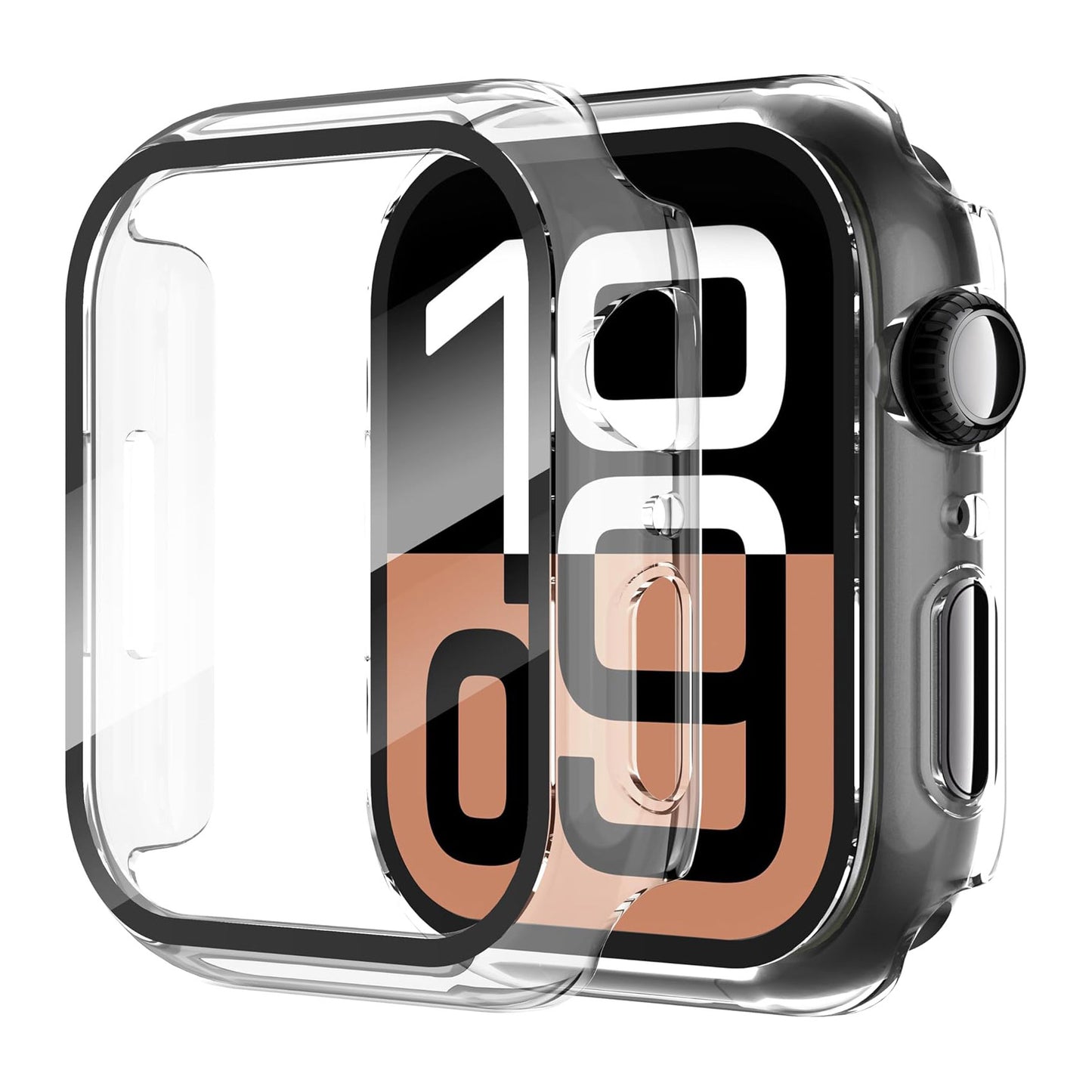 Die Arktis FULLBODY Hülle mit Displayschutz für Apple Watch wird neben einer Smartwatch mit einem schwarz-rosa geometrischen Display gezeigt, die ihre präzise Passform und oleophobe Oberflächenbehandlung zum Schutz vor Fingerabdrücken hervorhebt.