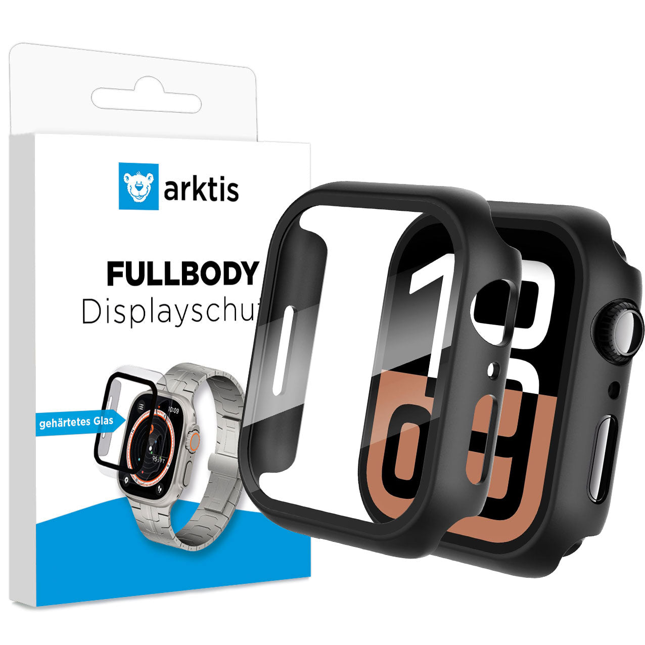 Eine Einzelhandelsverpackung mit der Aufschrift Arktis arktis FULLBODY Hülle mit Displayschutz für Apple Watch wird neben einer Smartwatch mit schwarzer Schutzhülle und Bildschirmabdeckung gezeigt, die eine oleophobe Oberflächenbehandlung für zusätzlichen Schutz bietet.