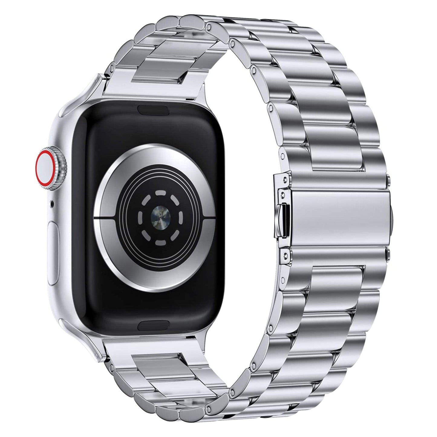 Eine Nahaufnahme eines Arktisband-Apple-Watch-Gliederarmbands „Arctica“ zeigt das silberne Band, die Rückseite des Zifferblatts mit seinem kreisförmigen Sensor und eine rot akzentuierte Krone auf der linken Seite.