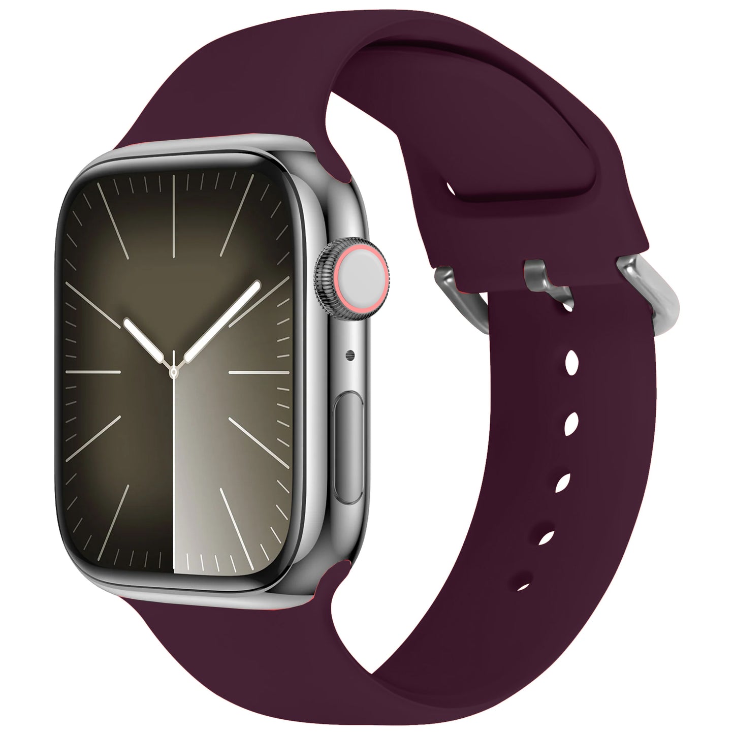 Das arktisband Apple Watch Silikonarmband „Aqua“ von arktisband ist auf einer silbernen rechteckigen Smartwatch mit analoger Anzeige und einem sportlichen dunkelbraunen Silikonarmband abgebildet, abgewinkelt vor einem weißen Hintergrund.