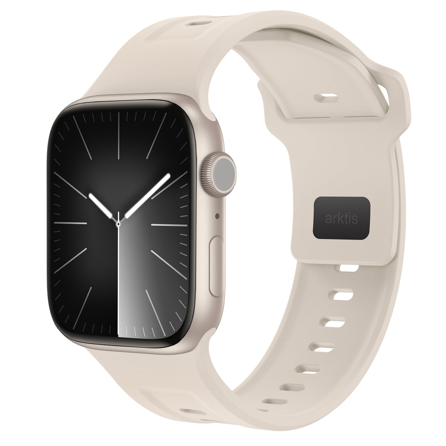 Das arktisband Apple Watch FKM Sportarmband "Sweat" ist ein beiges, strapazierfähiges, elastisches Fluorelastomerarmband mit sichtbarem arktisband-Label in der Nähe der Befestigungsschlaufe. Es passt zur Apple Watch und verfügt über ein minimalistisches, rechteckiges Zifferblatt.