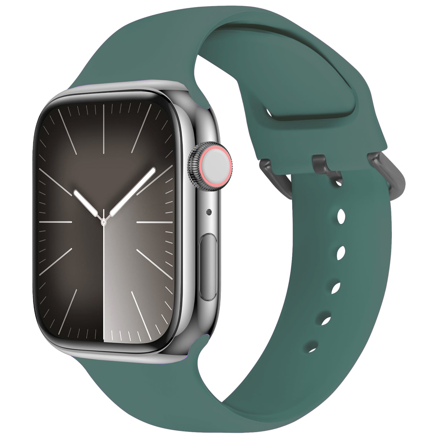 Das arktisband Apple Watch Silikonarmband „Aqua“ von arktisband, abgebildet auf einer silbernen Smartwatch mit rechteckigem Zifferblatt und minimalistischer analoger Anzeige, verfügt über ein sportliches blaugrünes Silikonband, das sich schräg vor einem weißen Hintergrund abhebt.