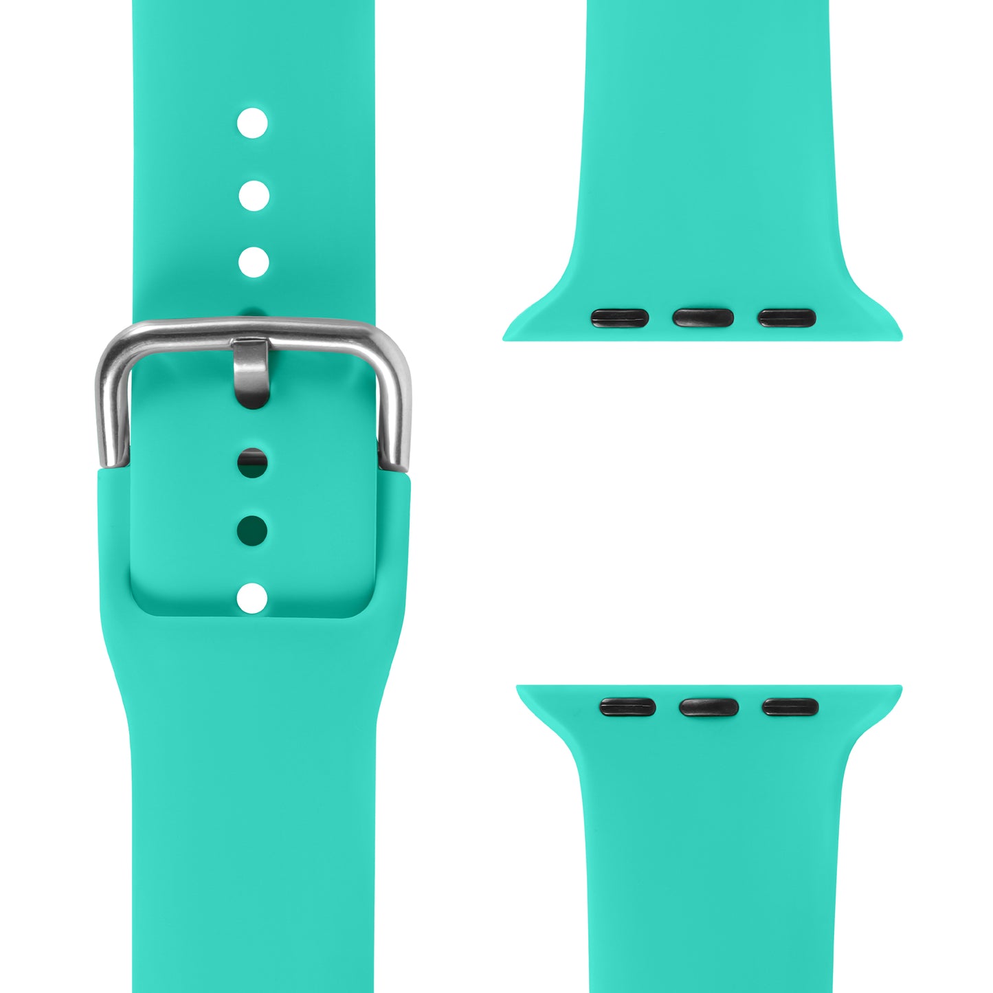 Das arktisband Apple Watch Silikonarmband „Aqua“ von arktisband wird aus mehreren Winkeln angezeigt und hebt seine Metallschnalle und Verbindungsschlitze hervor – ideal als sportliches Band für einen aktiven Lebensstil.