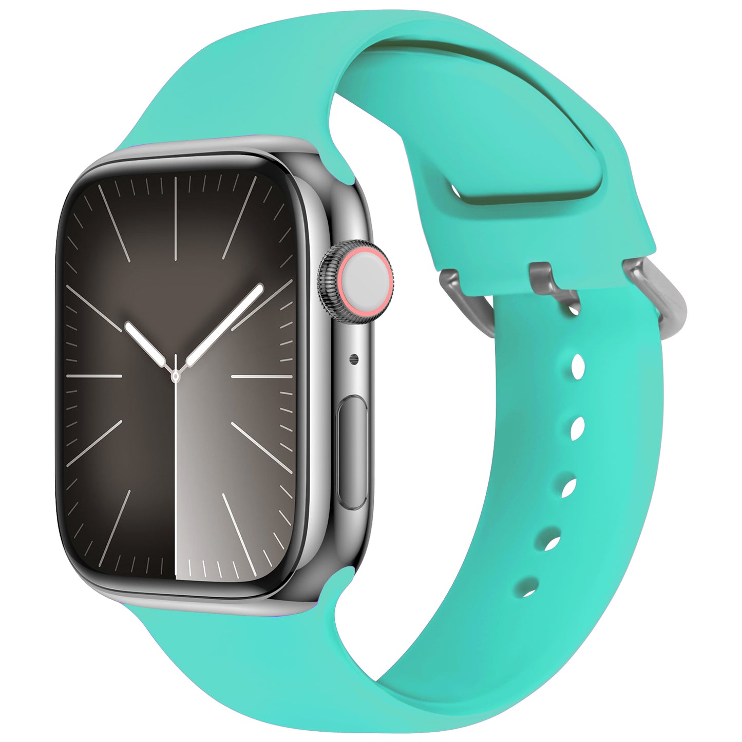 Das arktisband Apple Watch Silikonarmband „Aqua“ von arktisband verfügt über ein silbernes rechteckiges Gehäuse, ein schwarzes Display im Analog-Stil und ein sportliches türkisfarbenes Silikonarmband mit Schnalle.