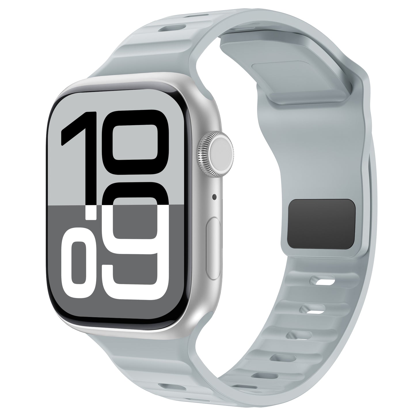 Das arktisband Apple Watch Silikonarmband „Active“ von arktisband ist eine silberne Smartwatch mit einem hellgrauen, atmungsaktiven Designband und einem rechteckigen Bildschirm, der die digitale Uhrzeit 10:09 in fetten schwarz-weißen Ziffern anzeigt.