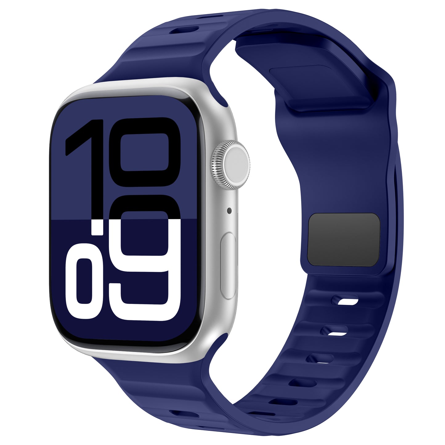 Das arktisband Apple Watch Silikonarmband „Active“ besteht aus einer rechteckigen Smartwatch mit silbernem Gehäuse, dunkelblauem atmungsaktivem Silikonarmband und zeigt die Zahlen 10 und 09 an.