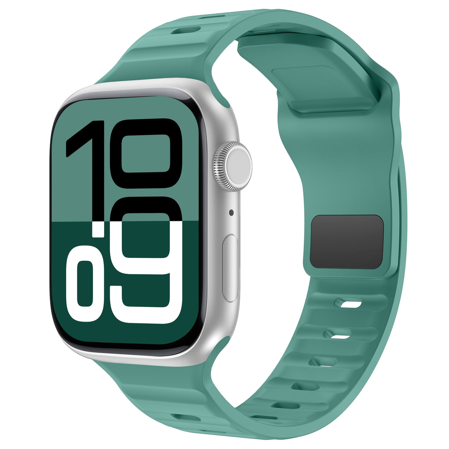 Das arktisband Apple Watch Silikonarmband „Active“ von arktisband ist ein türkisfarbenes, verstellbares, atmungsaktives Band, das auf einer Smartwatch mit silbernem Gehäuse und großer Digitalanzeige bei 10:09 abgebildet ist.