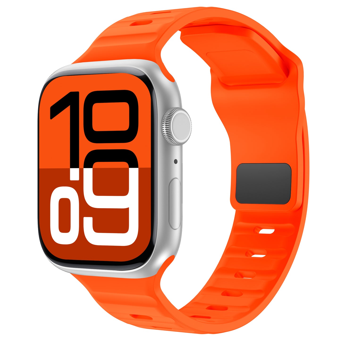 Das arktisband Apple Watch Silikonarmband "Active" von arktisband in leuchtendem Orange passt zu einer silbernen Smartwatch, die 10:09 Uhr in fetten Ziffern anzeigt. Es verfügt über ein rechteckiges Zifferblatt, eine digitale Krone und ein atmungsaktives Design für ganztägigen Tragekomfort.