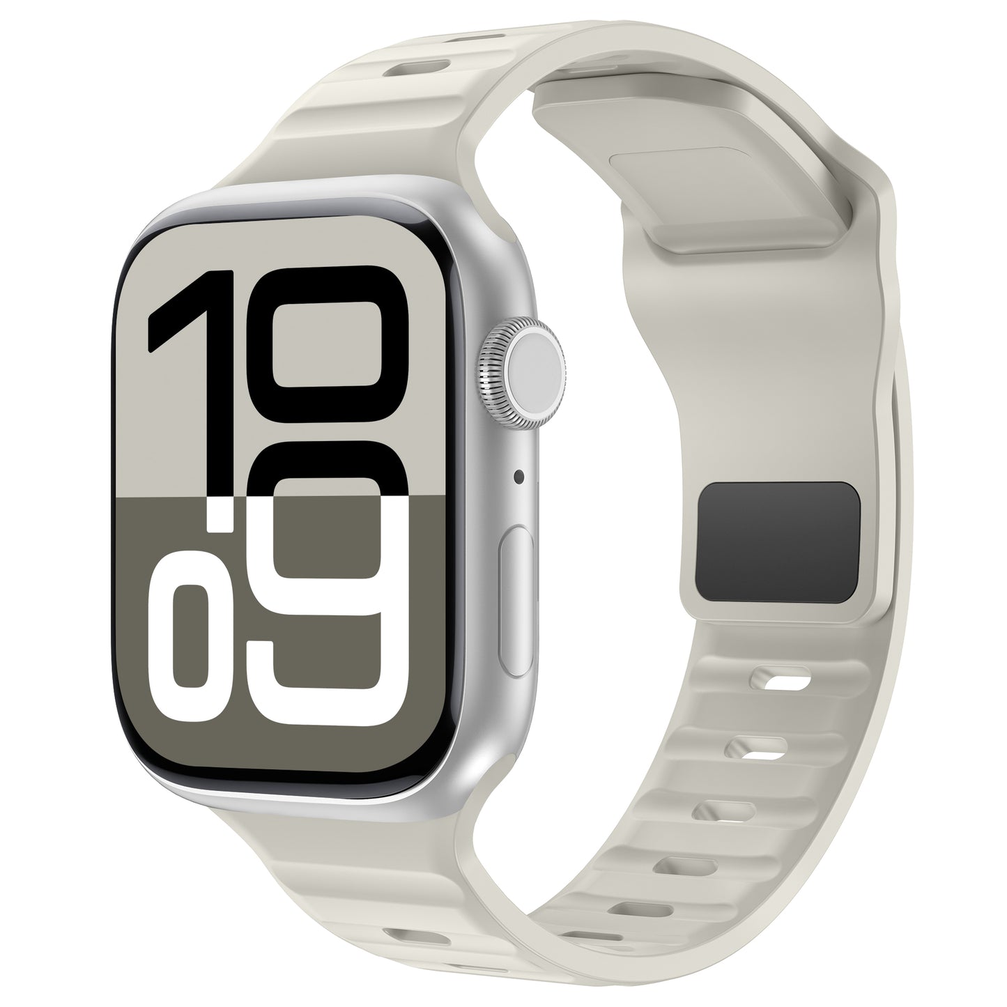 Ein Arktisband Apple Watch Silikonarmband „Active“ in Weiß ist schräg auf einer silbernen Smartwatch angebracht. Das Display zeigt die digitale Uhrzeit 10:09 Uhr in großen schwarz-weißen Ziffern an.