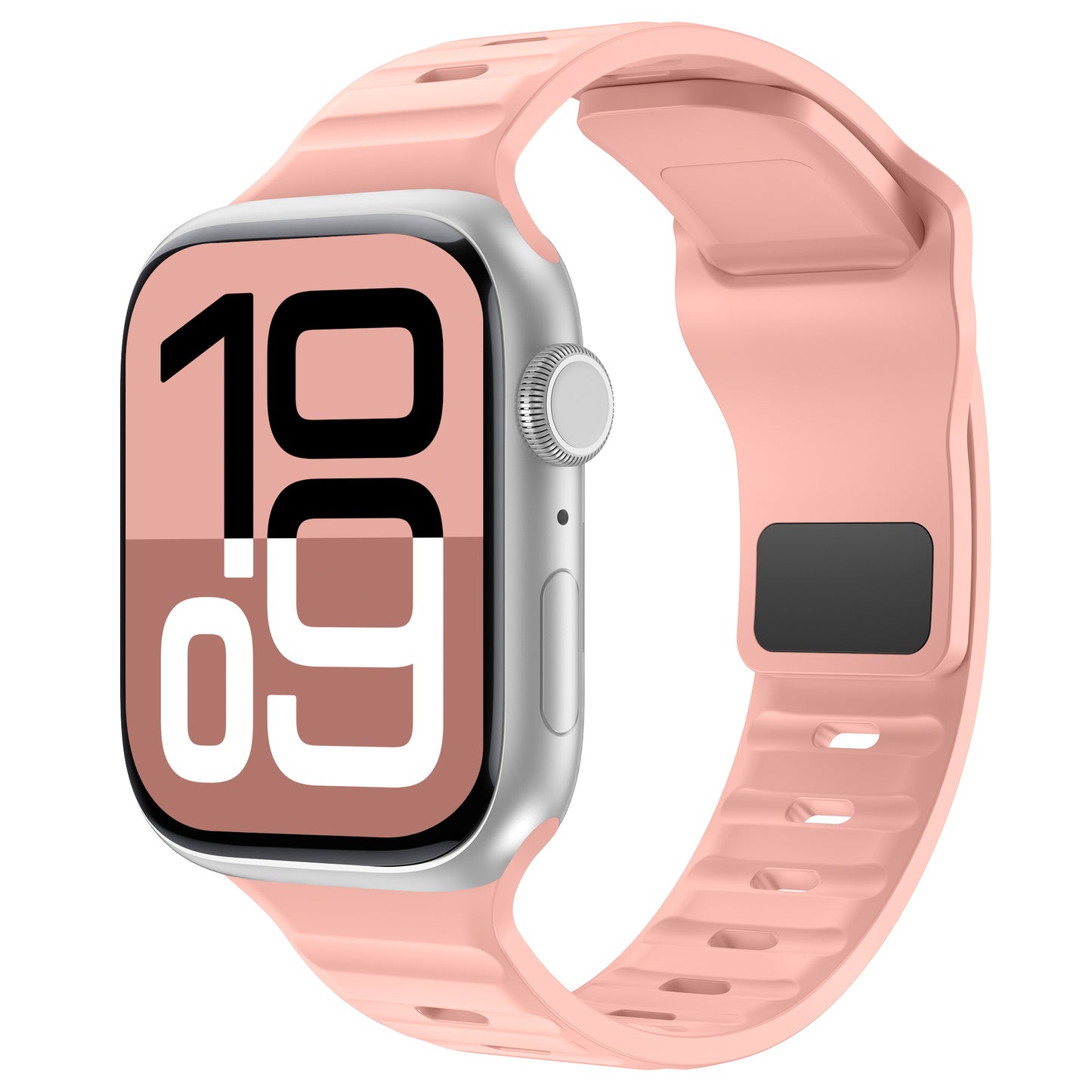 Das aus einer Dreiviertelperspektive gezeigte Arktisband Apple Watch Silikonarmband „Active“ in Pink ist mit einer silbernen Smartwatch gepaart, die über eine große schwarz-weiße digitale Zeitanzeige und eine sichtbare Seitentaste verfügt.