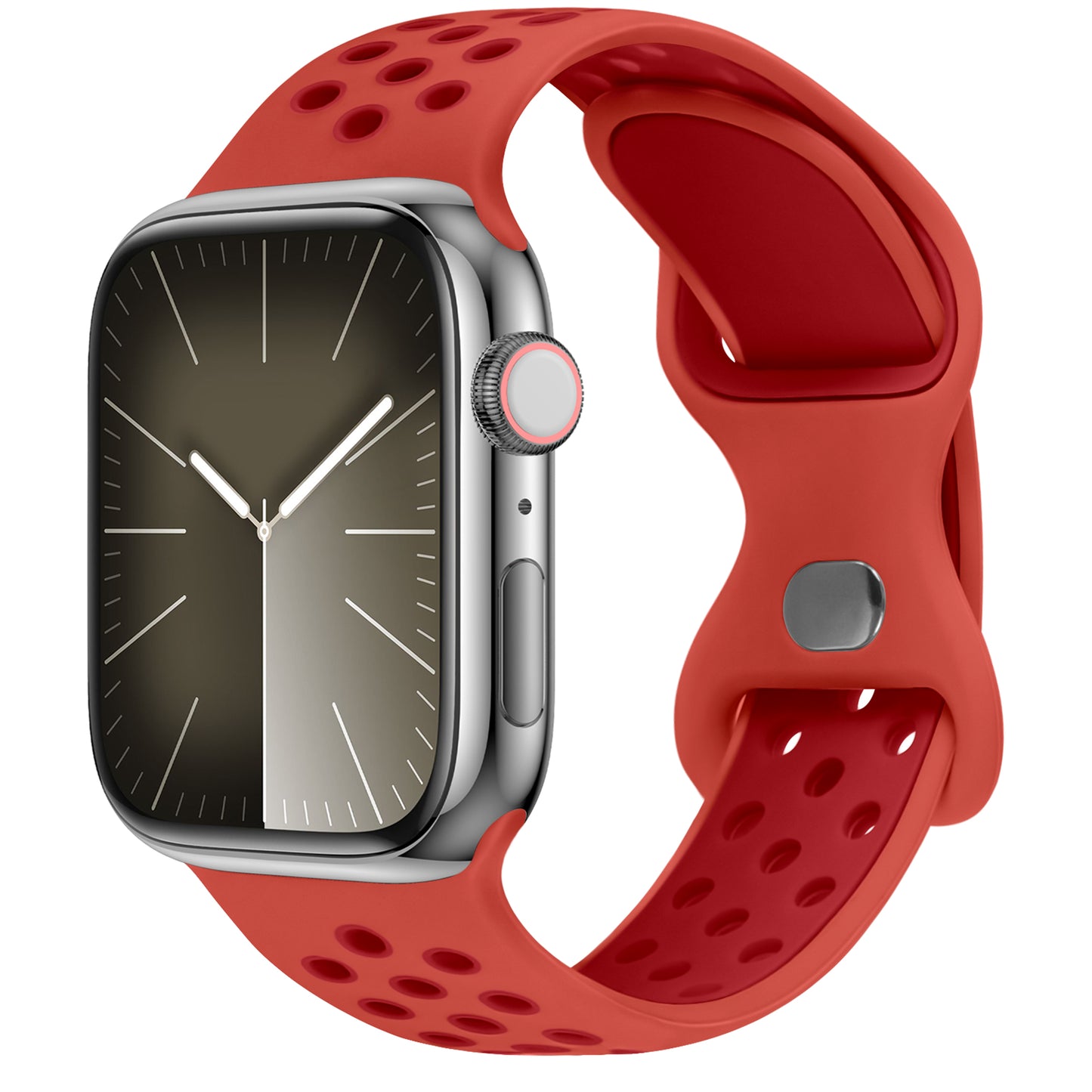 Das arktisband Apple Watch Silikonarmband "Energy" verfügt über ein rotes, belüftetes Silikonarmband mit silberner Schnalle, ein rechteckiges Metallgehäuse mit abgerundeten Kanten und seitlichem Knopf. Kompatibel mit der Apple Watch.