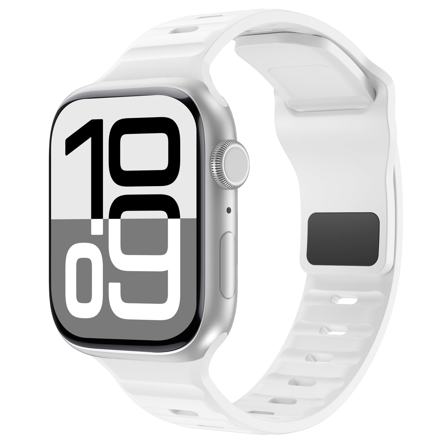 Eine elegante silberne Smartwatch mit rechteckigem Display zeigt 10:09 Uhr in Fettdruck an. Sie verfügt über das arktisband Apple Watch Silikonarmband "Active" mit atmungsaktivem Design, perforiertem Sportarmband und stylischem Look. Marke: arktisband.