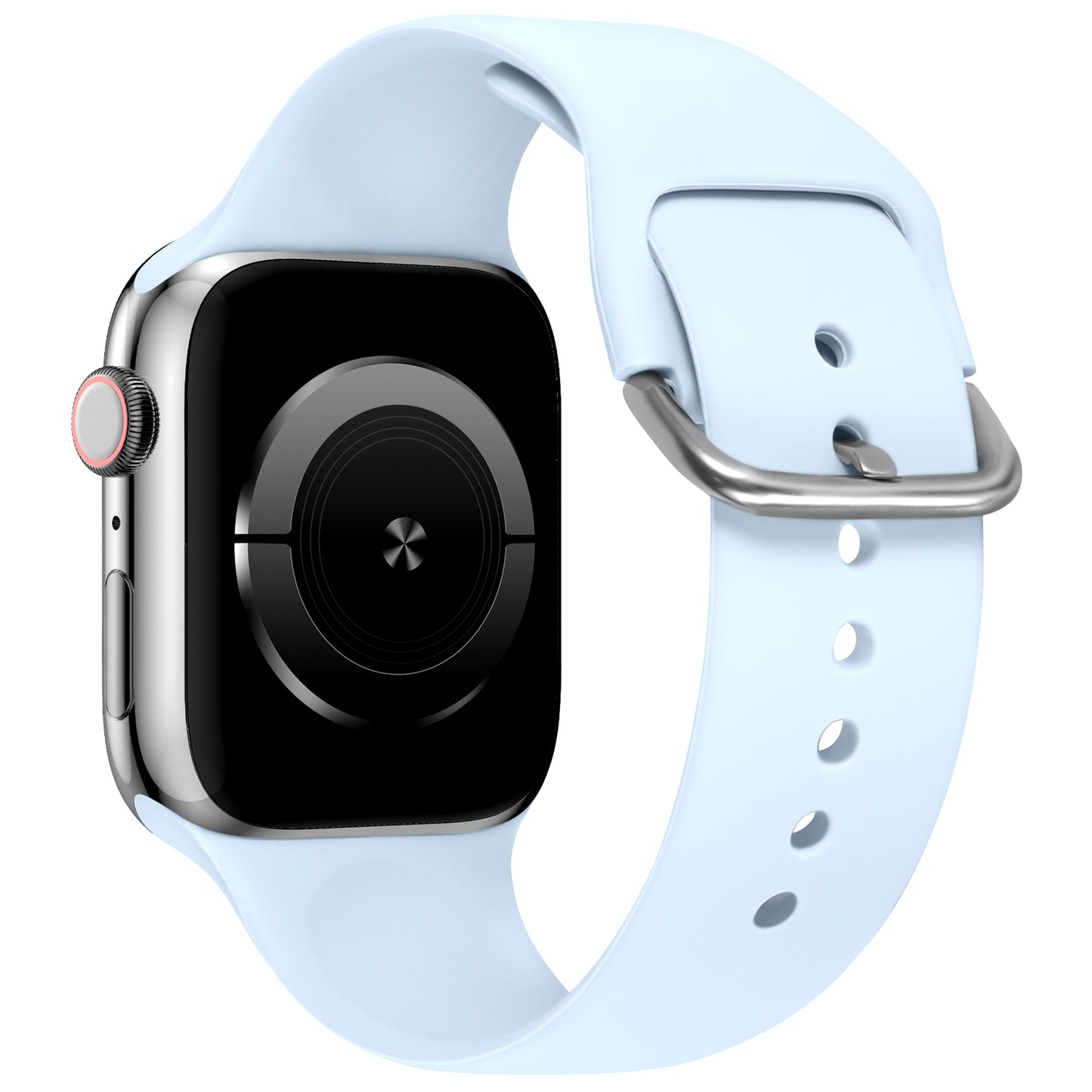 Das arktisband Apple Watch Silikonarmband „Aqua“ in Hellblau mit silbernem Schließe ist eine Smartwatch mit schwarzem Touchscreen und silbernem Gehäuse zu sehen. Das Display ist ausgeschaltet. Kompatibel mit Apple Watch.