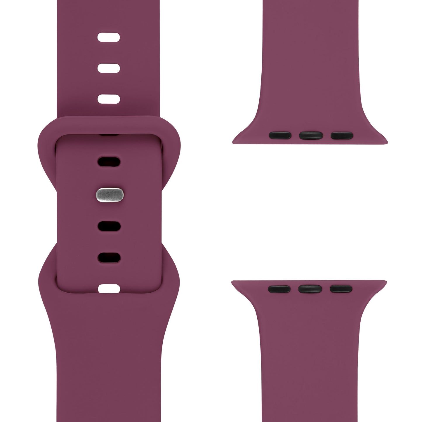 Das arktisband Apple Watch Silikonarmband "Sport" von arktisband ist aus schweißabsorbierendem Silikon, mit Clasp und Connectoren, in Dunkellila auf weißem Hintergrund aus verschiedenen Perspektiven präsentiert.