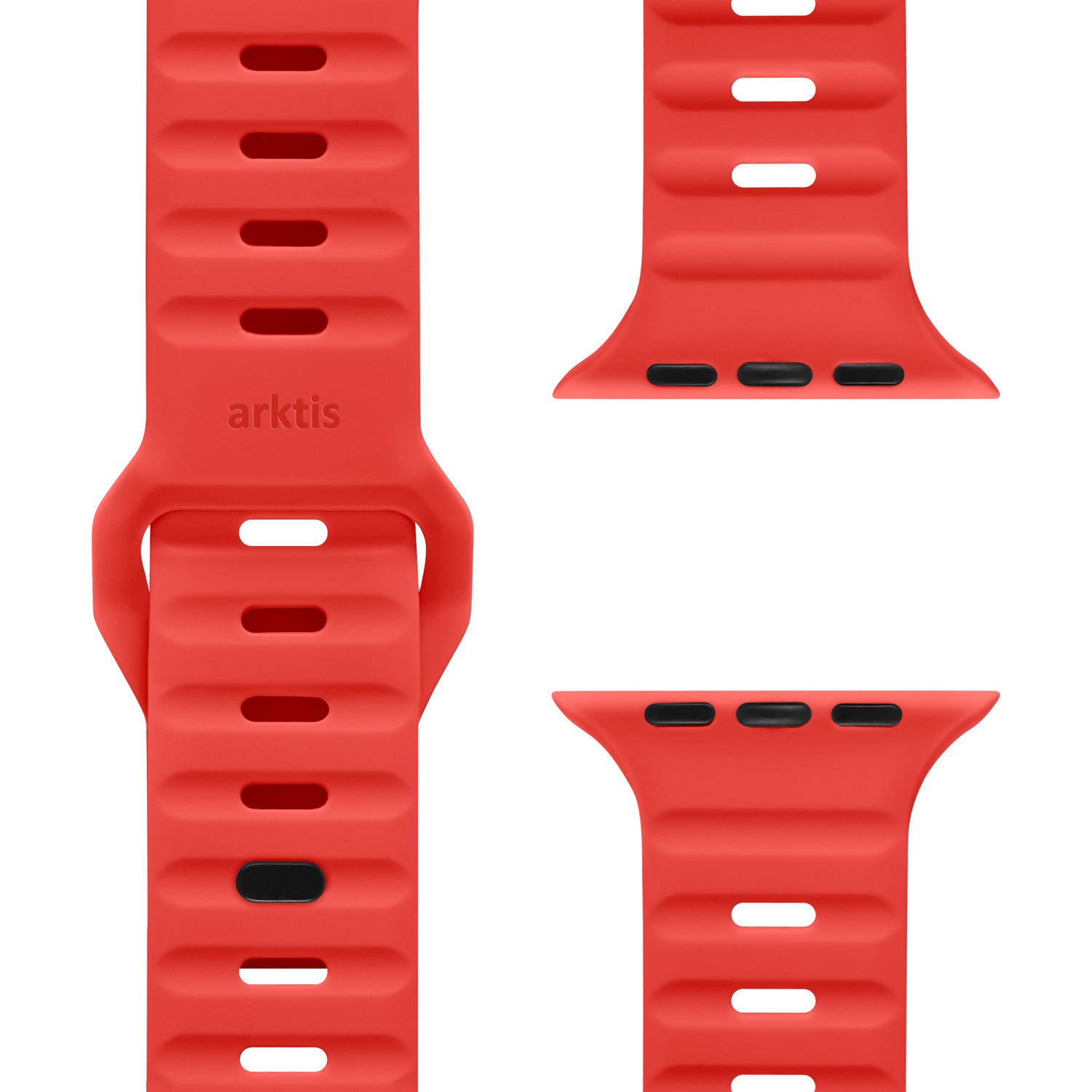 Nahaufnahme des Arktisband-Silikonarmbands „Active“ für die Apple Watch in Rot mit matter Oberfläche, atmungsaktivem Design mit mehreren Einstelllöchern, sichtbaren Anschlüssen und der Prägung „arktis“ in der Nähe der Schnalle.
