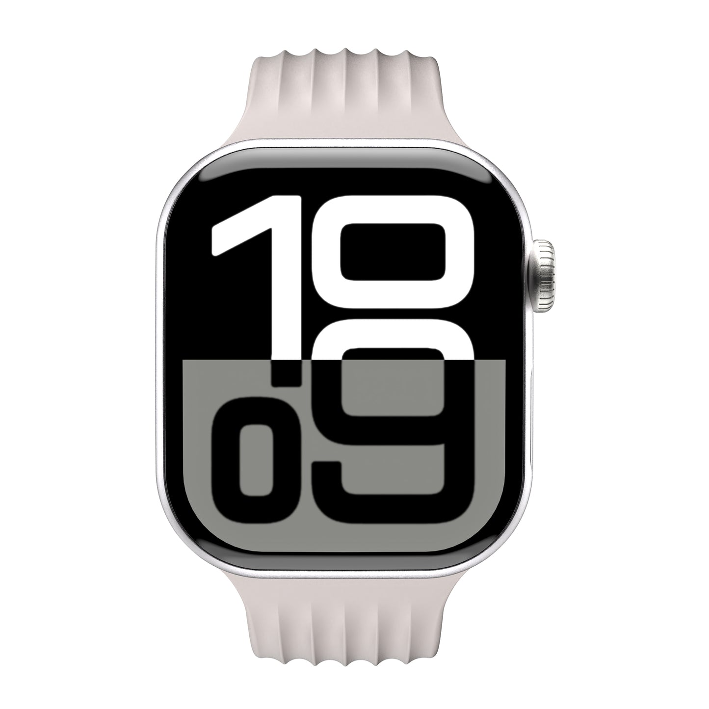 Das arktisband Apple Watch Armband "Skandi" im Skandi Design zeigt die Uhrzeit 10:09 in großen, fetten, schwarz-weißen Digitalzahlen mit einem eleganten Fluorelastomer-Band an.