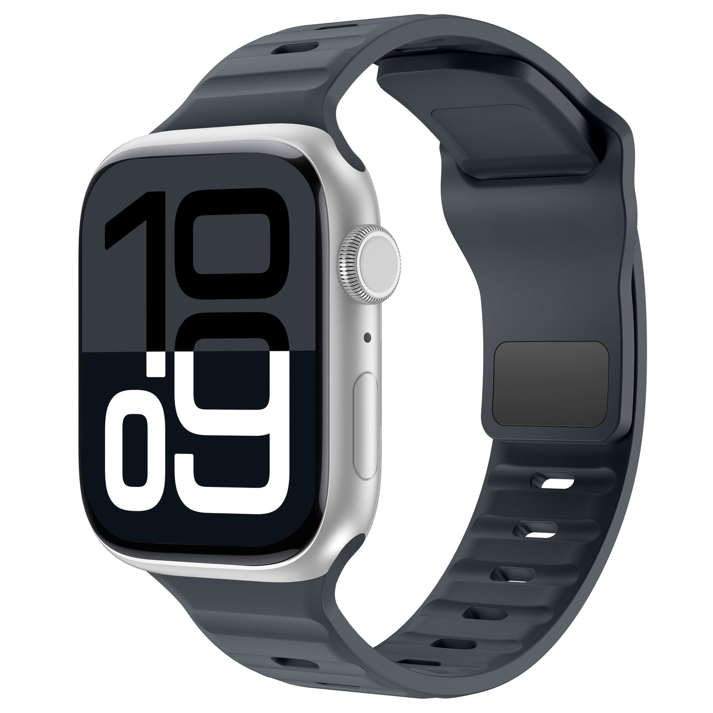 Das arktisband Apple Watch Silikonarmband „Active“ verfügt über ein silbernes Gehäuse, einen sportlichen Look, ein schwarzes Silikonband von arktisband und eine große Digitalanzeige mit der Anzeige „10:09“ in fetten schwarzen und weißen Ziffern.