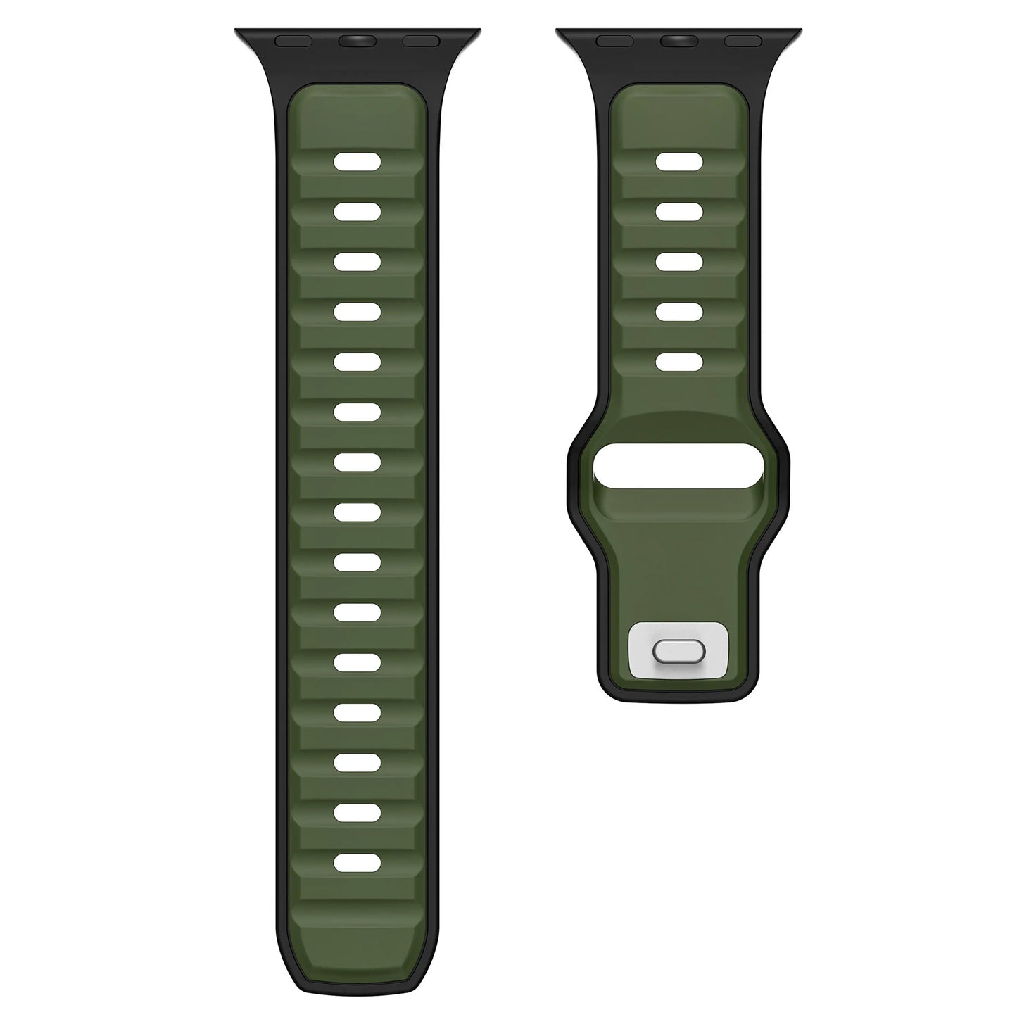 Zwei grün-schwarze Apple Watch Silikonarmbänder „Swift“ liegen nebeneinander auf weißem Hintergrund. Das längere Band ist schweißabsorbierend und atmungsaktiv, das kürzere hat eine Schlaufe und silberne Schließe.