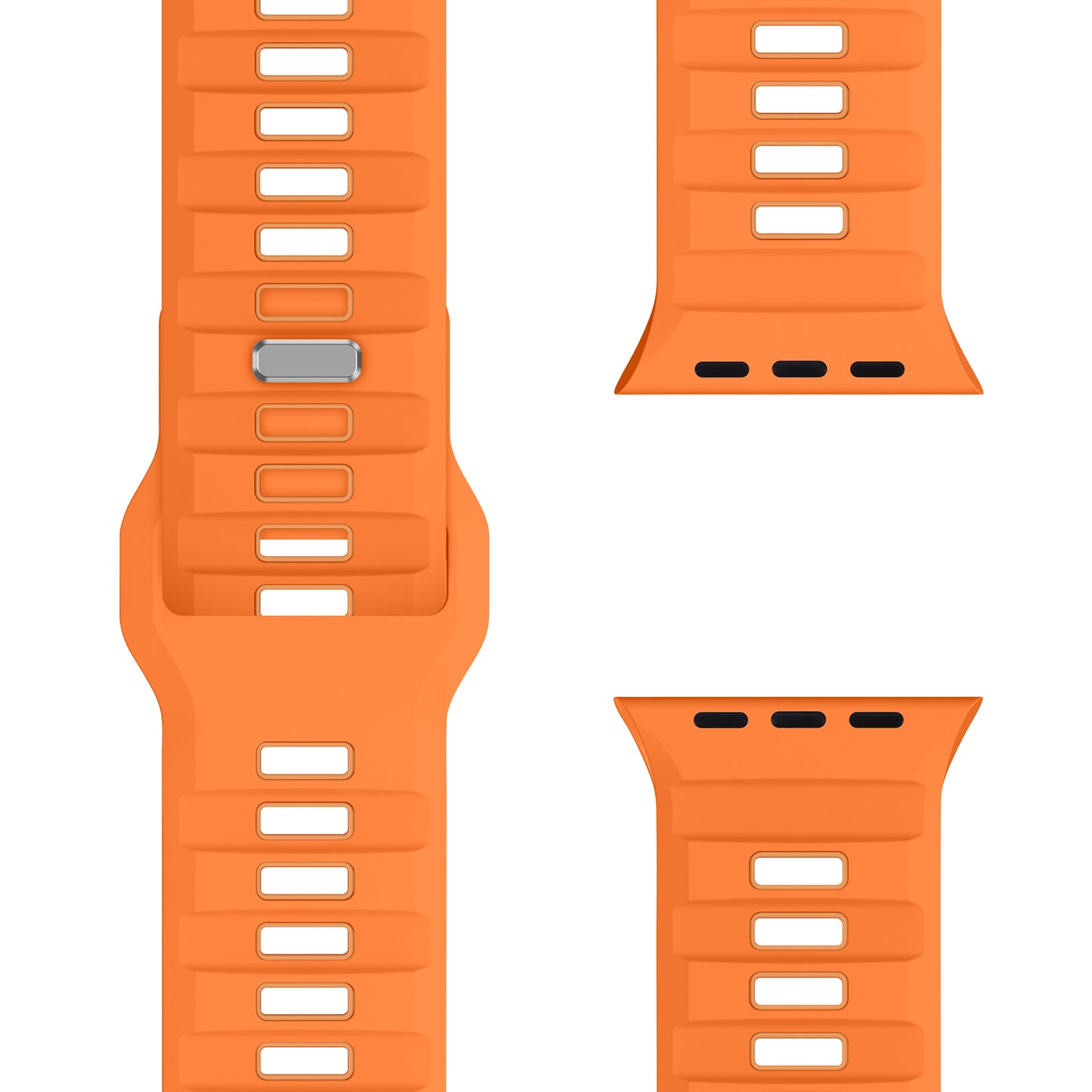 Das arktisband Apple Watch Silikonarmband "Runner" in Orange überzeugt mit extrabreitem, atmungsaktivem Design, rechteckigen Löchern und Metallschließe. Gezeigt wird es aus verschiedenen Blickwinkeln.