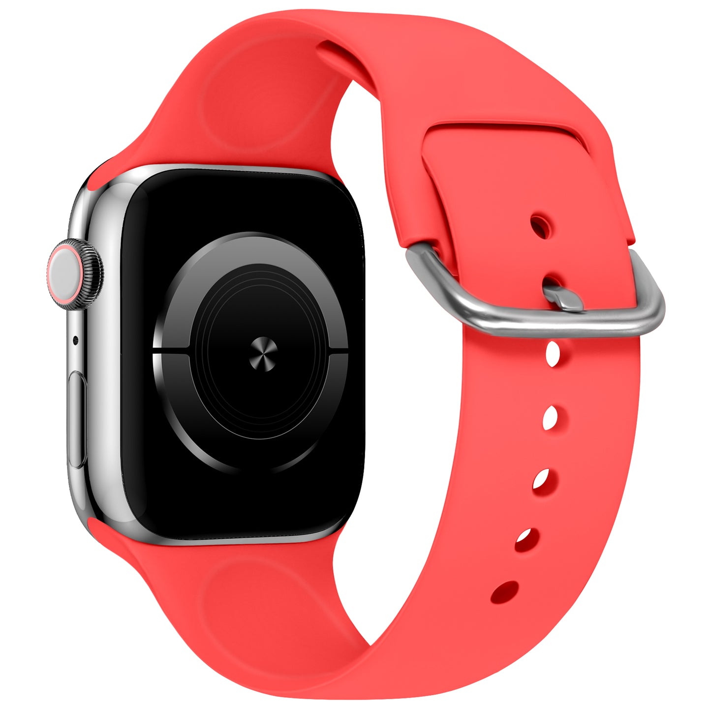 Das arktisband Apple Watch Silikonarmband "Aqua" verfügt über einen rechteckigen schwarzen Bildschirm, ein leuchtend rotes Silikonband mit silberner Schnalle und Einstelllöchern, die Vorderseite auf weißem Hintergrund. Kompatibel mit der Apple Watch.