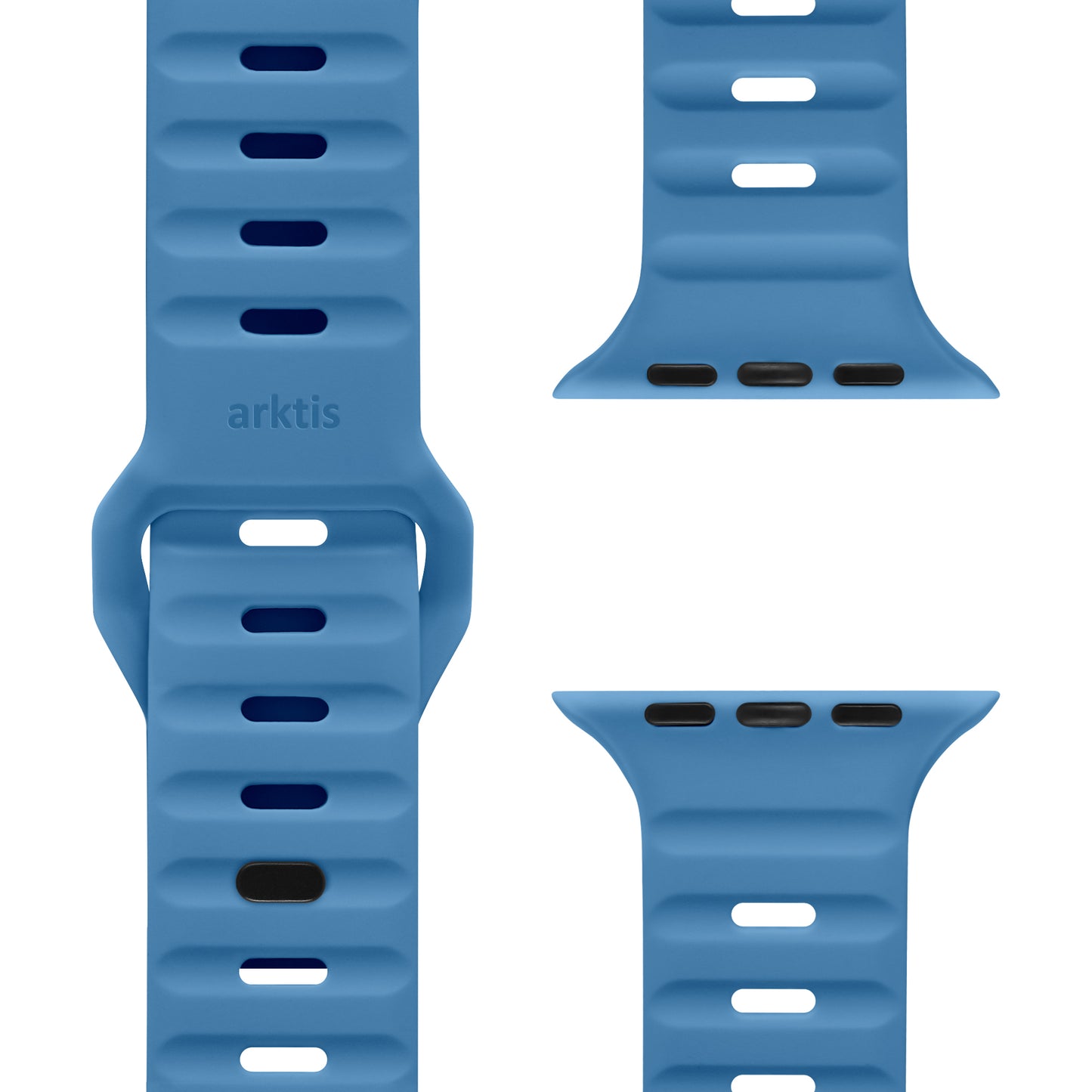 Nahaufnahme des arktisband Apple Watch Silikonarmbands "Active" in Blau. Es zeigt mehrere Öffnungen für Atmungsaktivität und zwei Anschlüsse. Der Markenname arktisband ist auf dem Armband sichtbar.