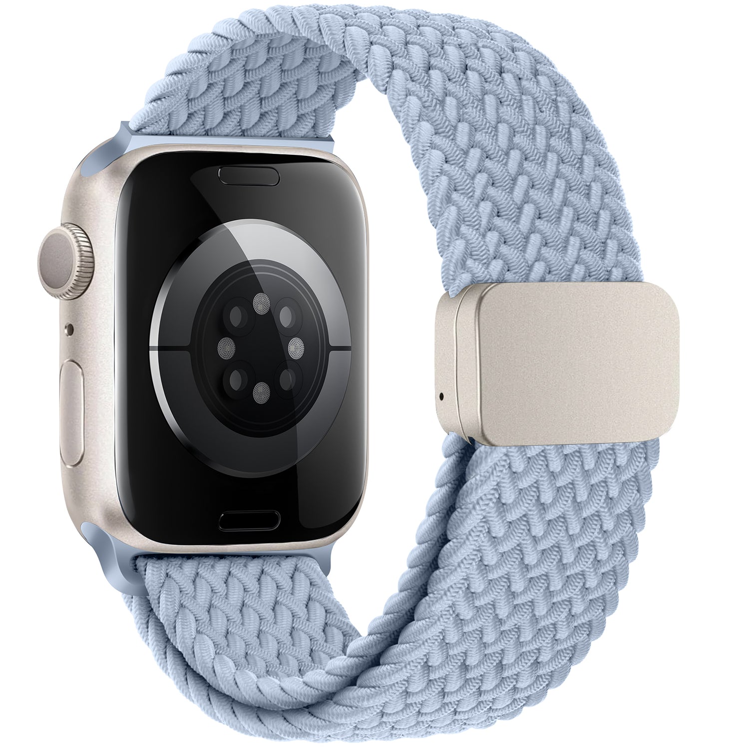 Das arktisband Geflochtene Apple Watch Armband „Casual“ in Hellblau, mit Magnetverschluss und silbernem Gehäuse, ist von der Rückseite abgebildet.