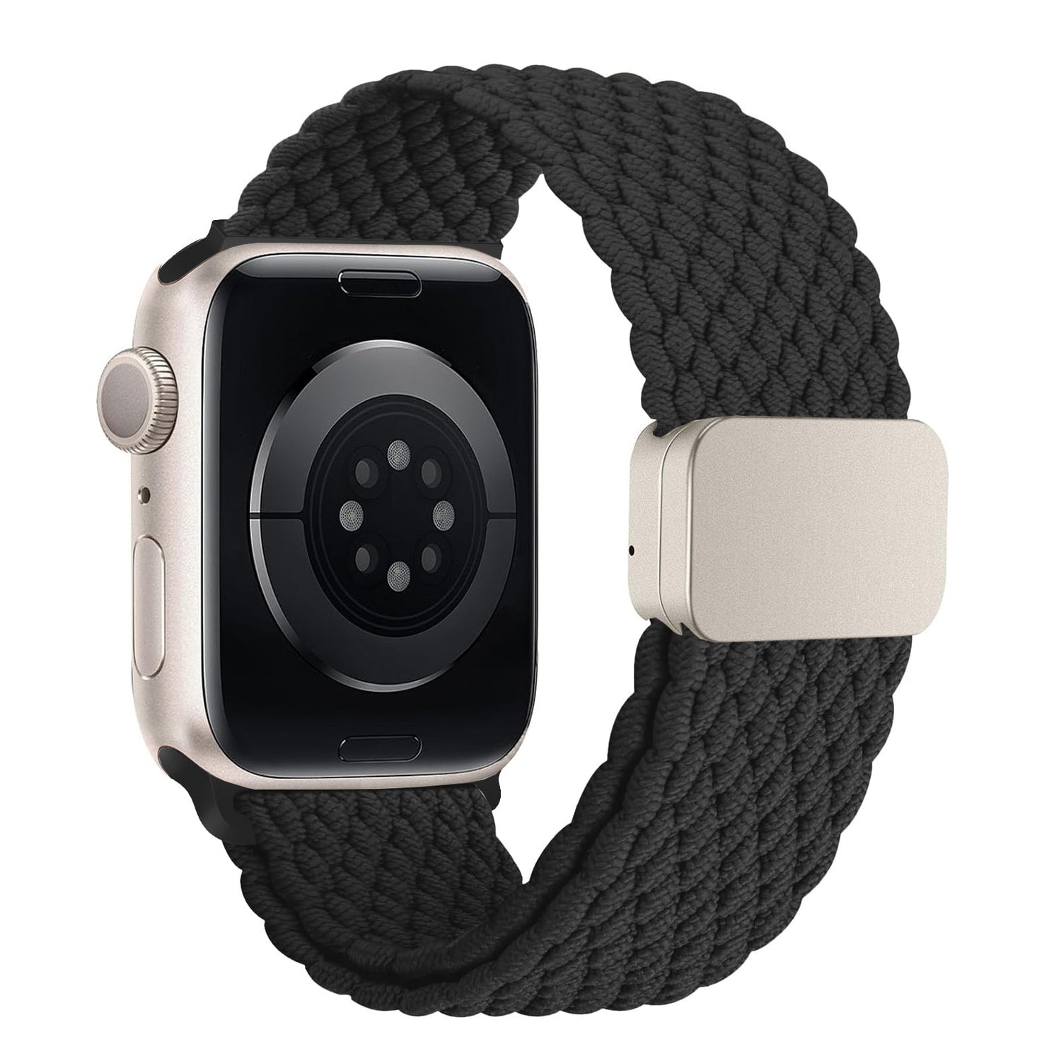 Das arktisband Geflochtene Apple Watch Armband „Casual“ aus schwarzem Polyestergarn mit Magnetverschluss, kombiniert mit einer Apple Watch im silbernen Gehäuse und rechteckigem Display, ist von hinten mit sichtbaren Sensoren zu sehen.
