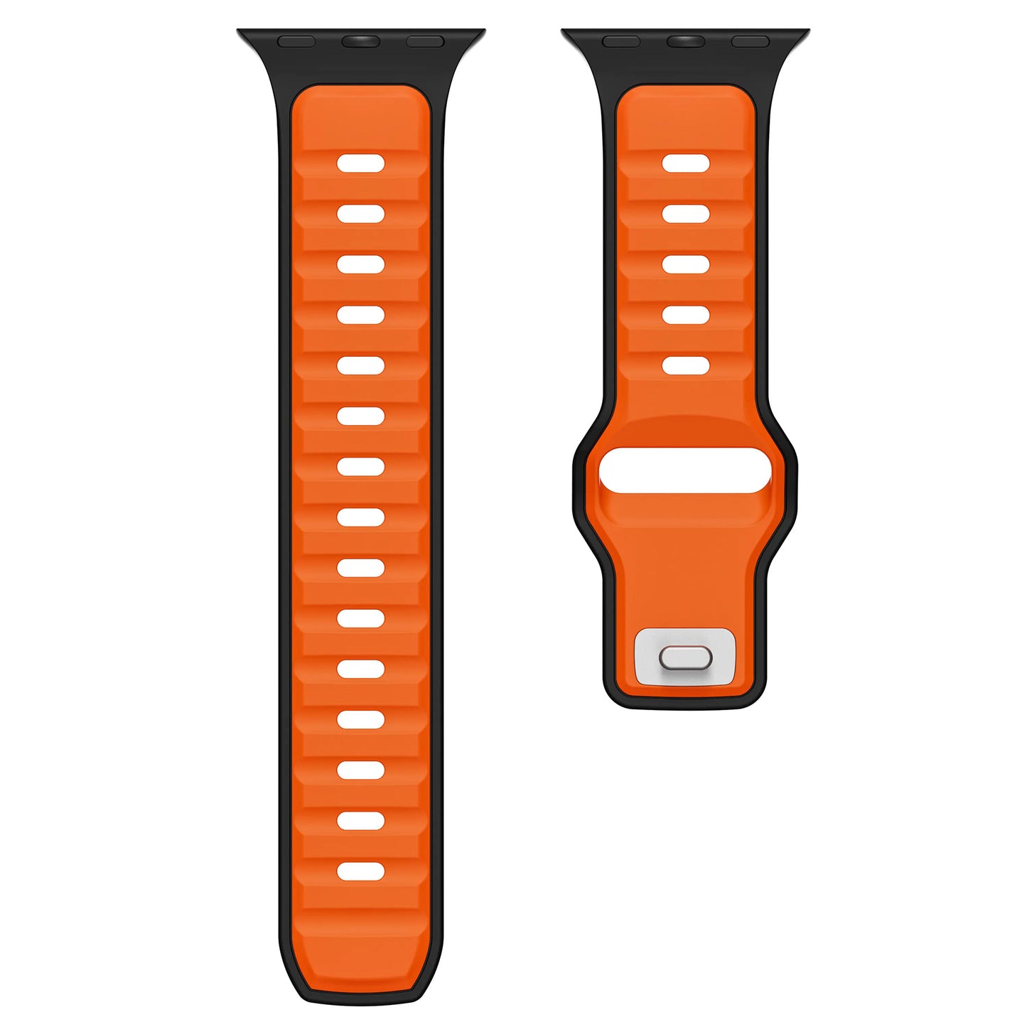 Zwei Arktisband Apple Watch Silikonarmbänder „Swift“ in Orange und Schwarz mit rechteckigen Löchern und Aluminium-Pin-Verschluss, nebeneinander auf weißem Hintergrund dargestellt.