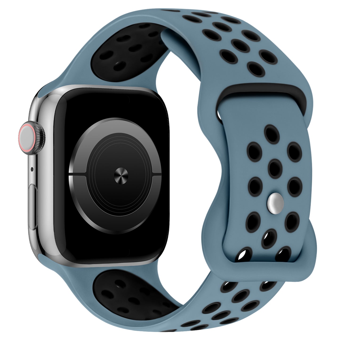Das Arktisband Apple Watch Silikonarmband „Energy“ verfügt über ein blaues Band mit schwarzen, runden Öffnungen, die schräg dargestellt sind, um die Seitentaste und die digitale Krone hervorzuheben, und ist mit der Apple Watch kompatibel.