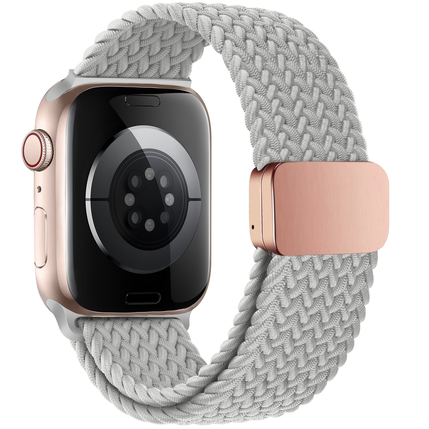 Eine roségoldene Apple Watch mit dem arktisband Geflochtenen „Casual“-Armband in Hellgrau und einem passenden roségoldenen Magnetverschluss.