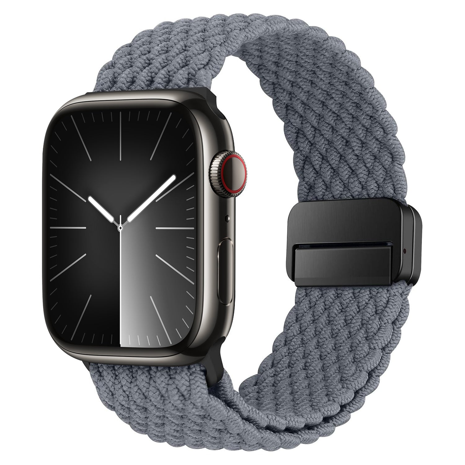 Eine Smartwatch mit schwarzem Gehäuse und geflochtenem grauen Armband, mit minimalistischem analogem Zifferblatt und dem geflochtenen Apple Watch Armband „Casual“ von arktisband mit magnetischem Verschluss.