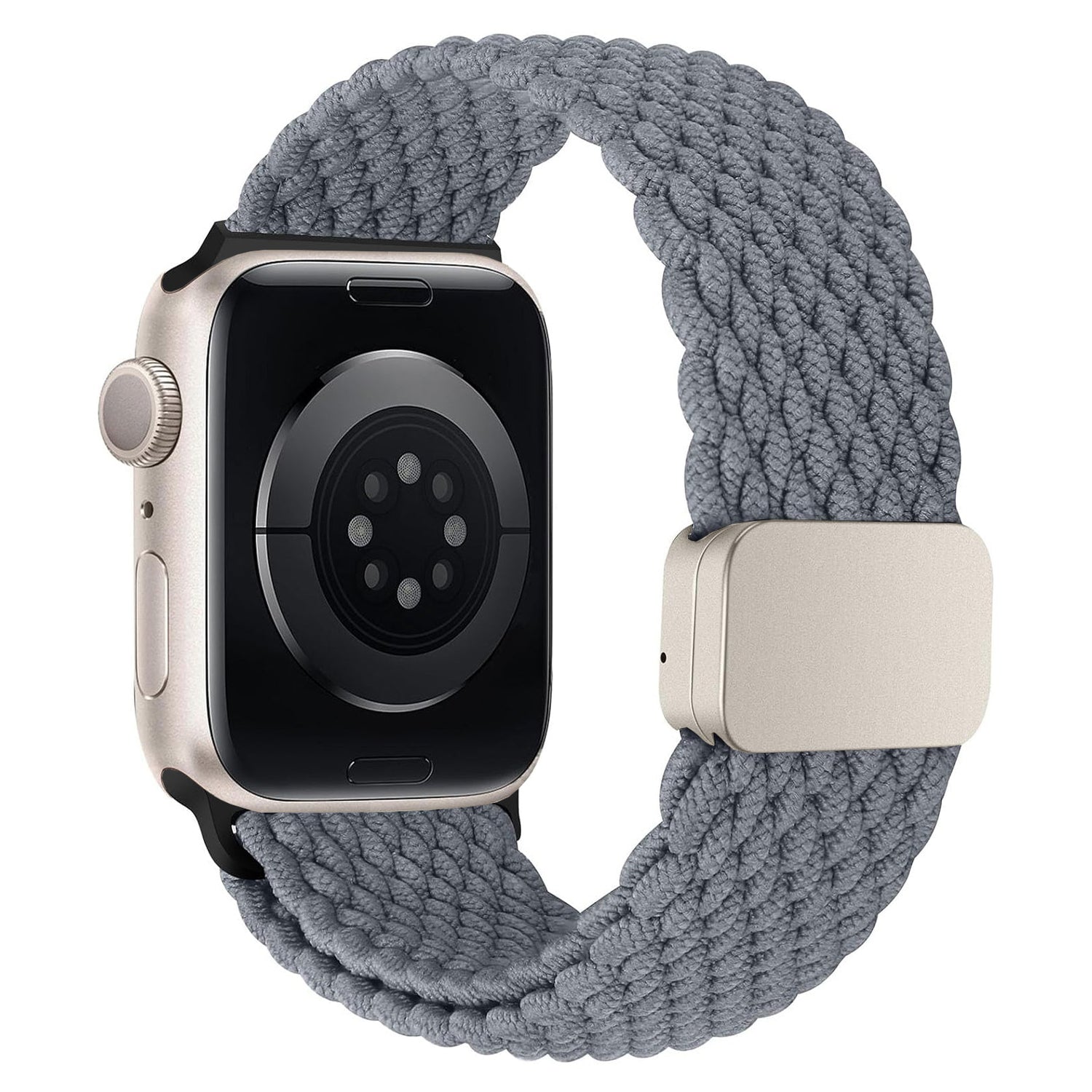 Das von Arktisband geflochtene Apple Watch Armband „Casual“ in Grau verfügt über einen silbernen magnetischen Verschluss und ist von der Rückseite abgebildet.