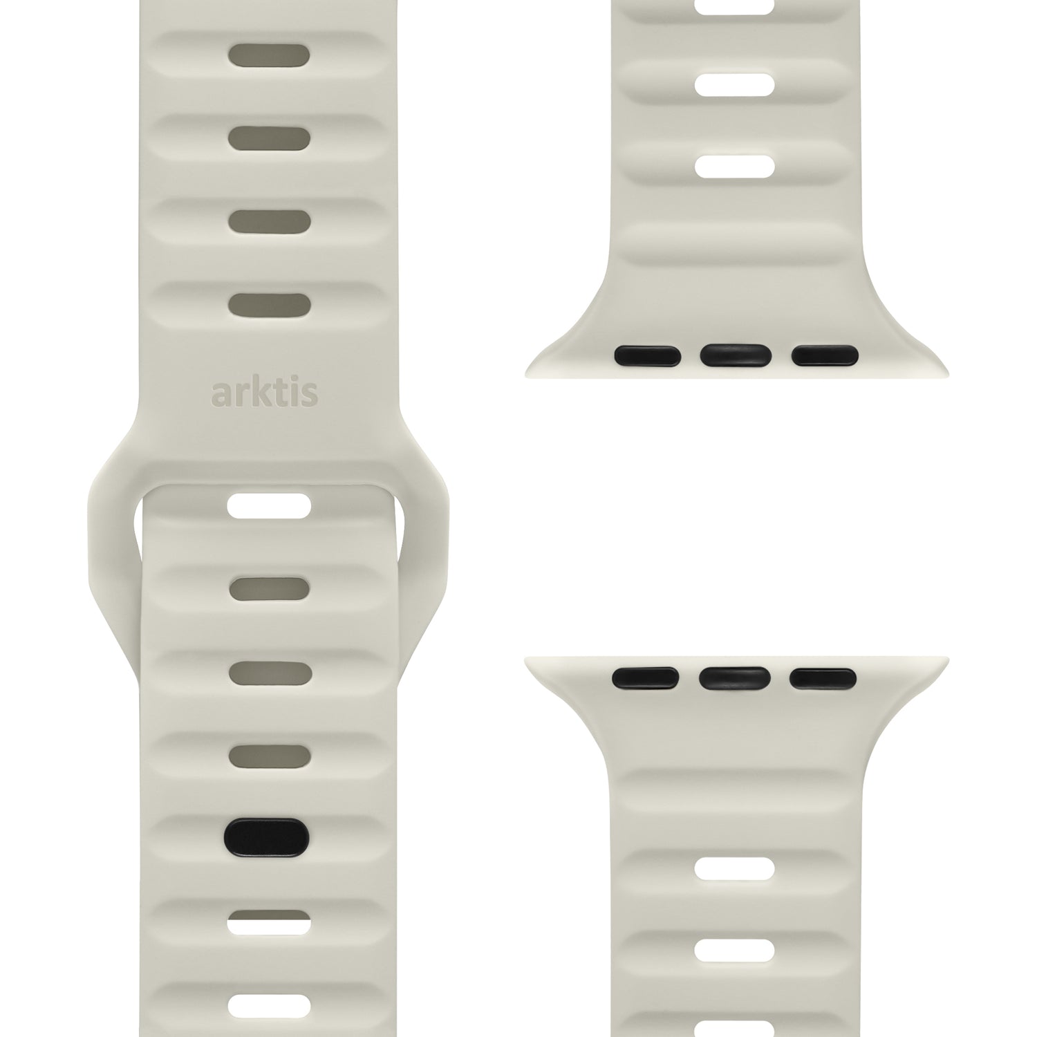 Drei Teile des arktisband Apple Watch Silikonarmbands "Active" in Hellgrau mit schwarzen Anschlüssen, aus mehreren Blickwinkeln auf weißem Hintergrund dargestellt. Auf einem Band ist "arktisband" eingeprägt, was sein atmungsaktives Design unterstreicht.
