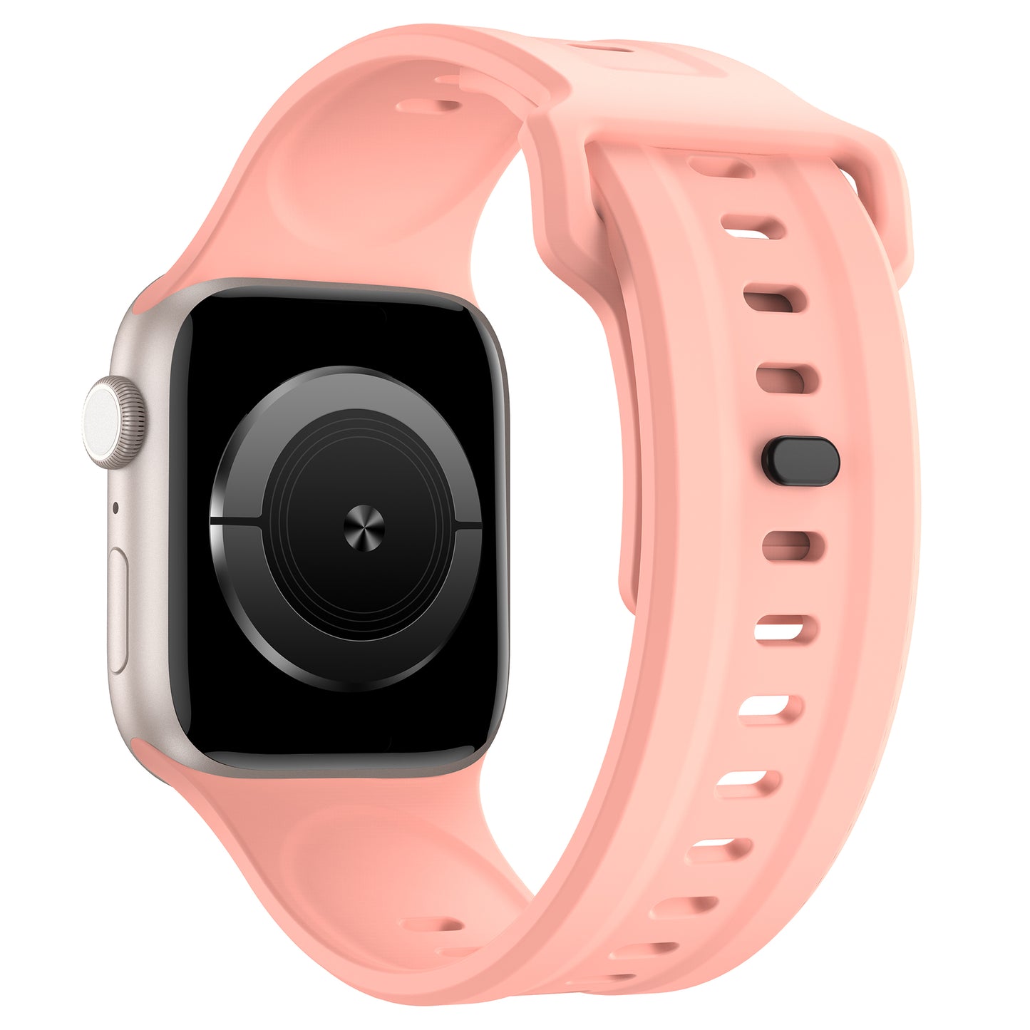 Das arktisband Apple Watch FKM Sportarmband "Sweat" ist in hellrosa Fluorelastomer erhältlich – strapazierfähig, elastisch, mit mehreren Einstelllöchern und schwarzem Verschluss. Das Armband passt zur Apple Watch und verfügt über ein silbernes Gehäuse mit schwarzem Display.