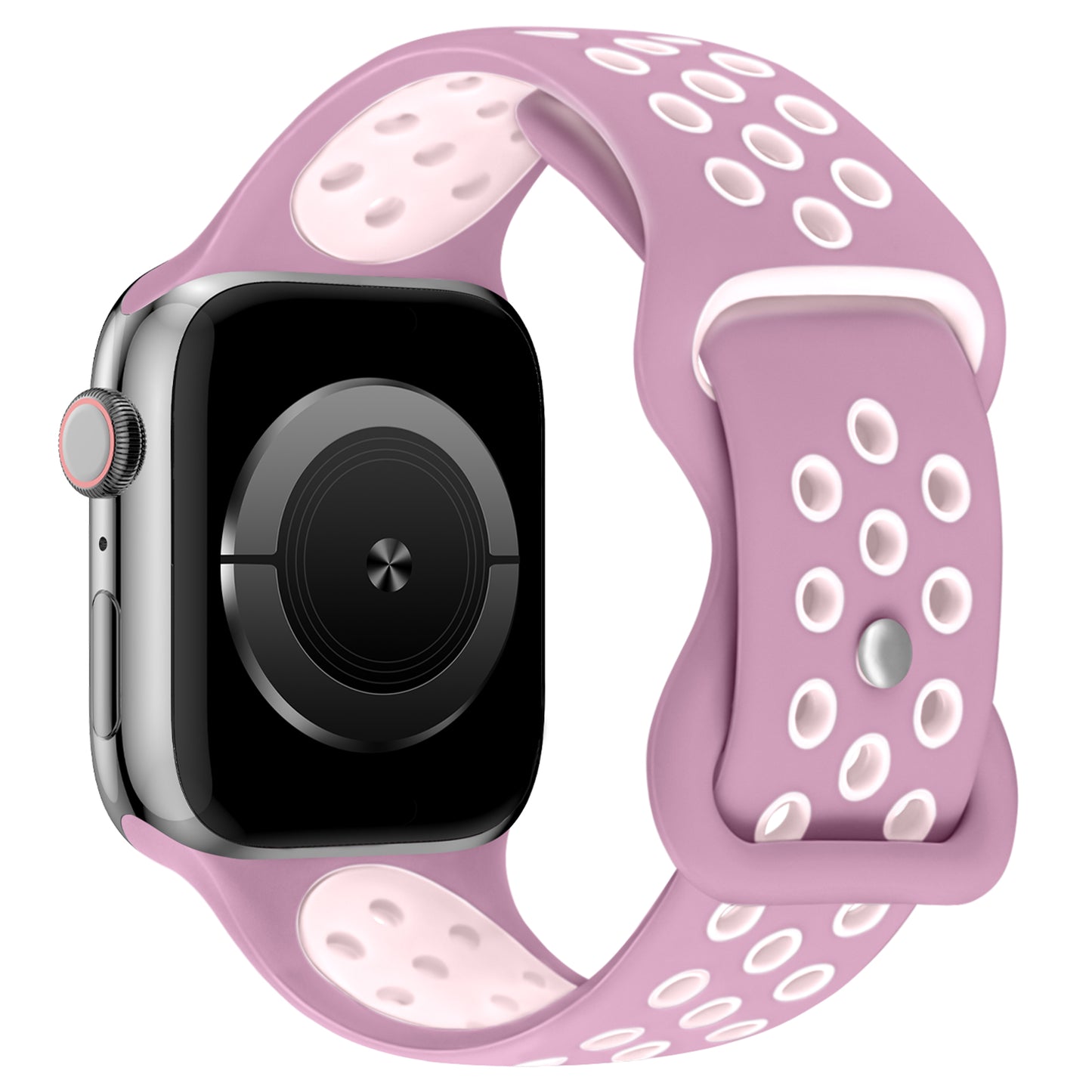 Das Arktisband Apple Watch Silikonarmband „Energy“ verfügt über ein rosa Band mit weißen Perforationen, einen Metallverschluss und einen leeren schwarzen Smartwatch-Bildschirm, der schräg dargestellt ist.
