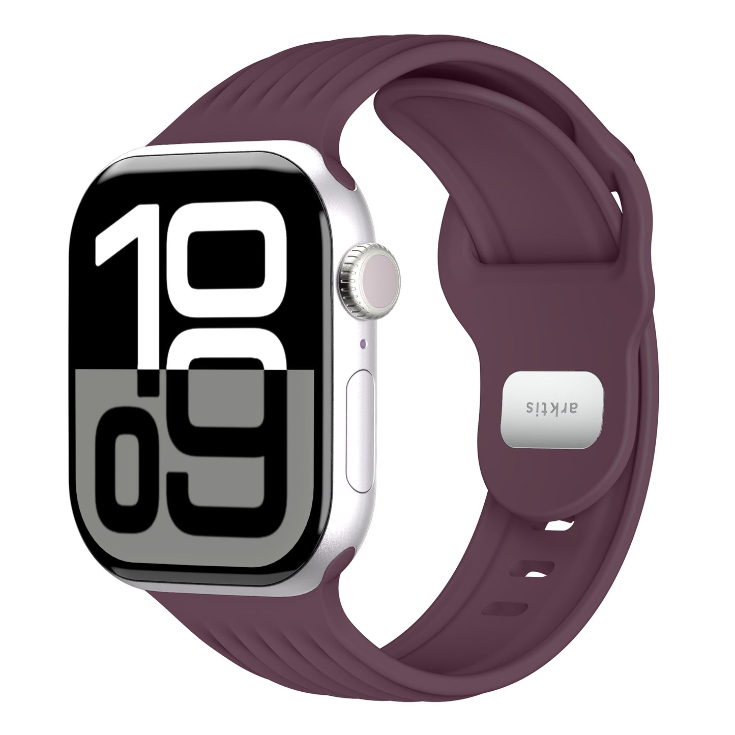Das arktisband Apple Watch Armband "Skandi" verfügt über ein großes digitales Display und ein lila Fluorelastomer-Band, das vom Skandi-Design inspiriert ist.