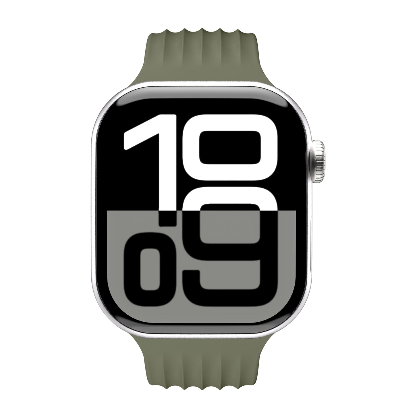 Ein Arktisband Apple Watch Armband "Skandi" aus grünem Fluorelastomer zeigt die Uhrzeit 10:09 auf seinem großen digitalen Bildschirm an.