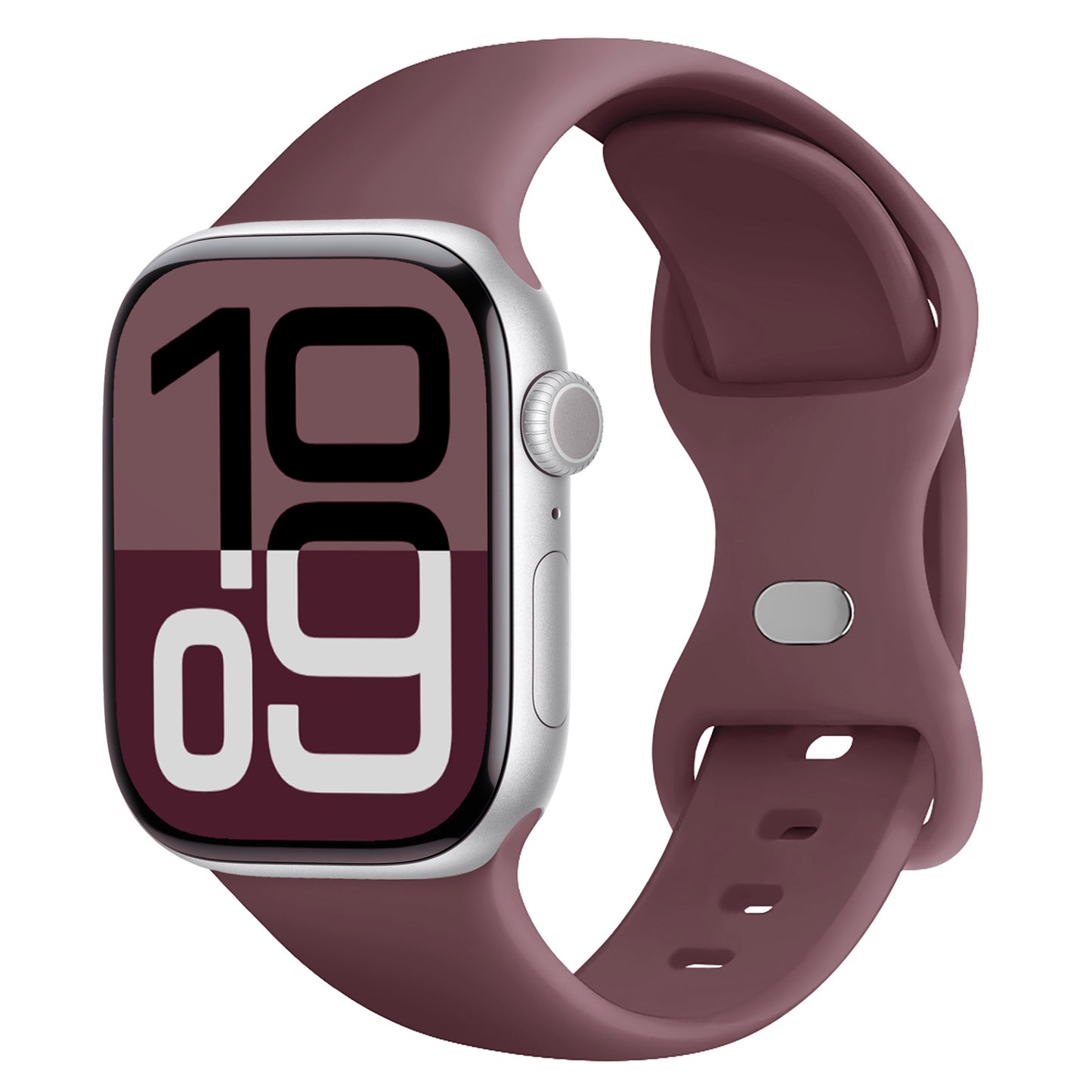 Das Arktisband Apple Watch Silikonarmband "Sport" hat ein burgunderrotes, schweißabsorbierendes, sportliches Band und eine fette Digitalanzeige mit der Uhrzeit 10:09.